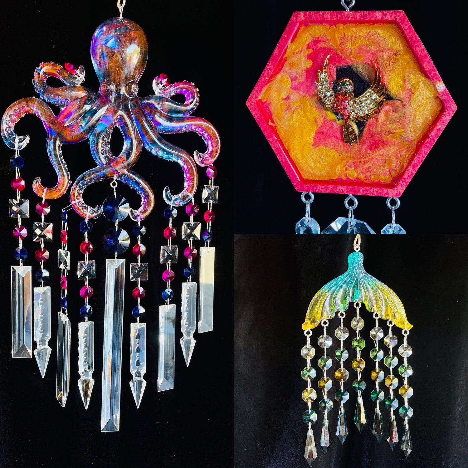 Suncatching windchimes made from epoxy resin and crystal chandelier prisms.