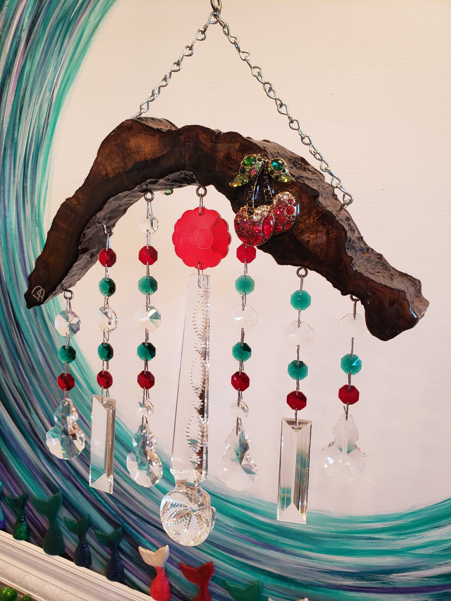 Unique cherry driftwood criss cut handmade windcgime suncatcher by Dazzling Driftwood