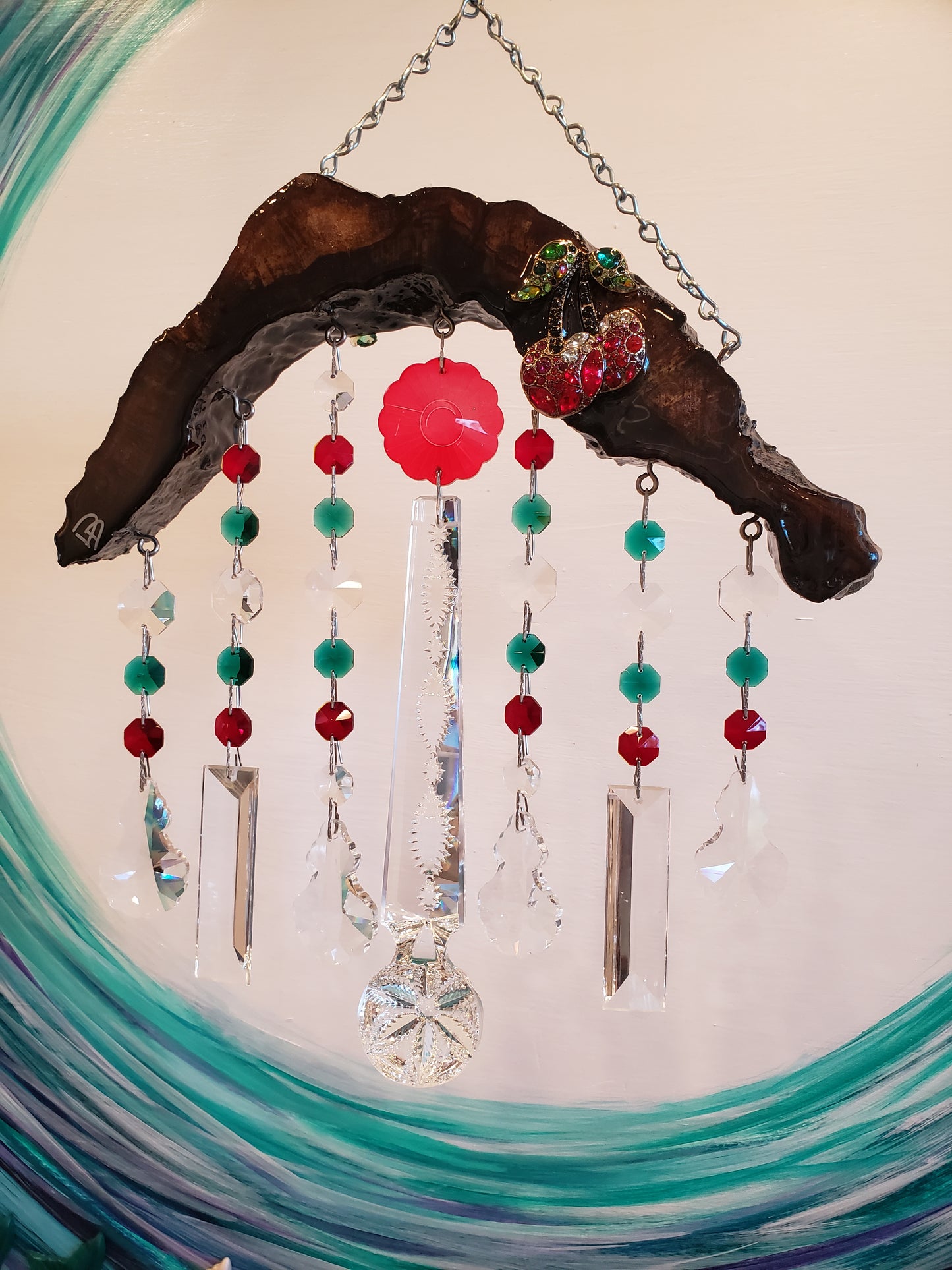 Cherry driftwood cross cut handmade windchine suncatcher