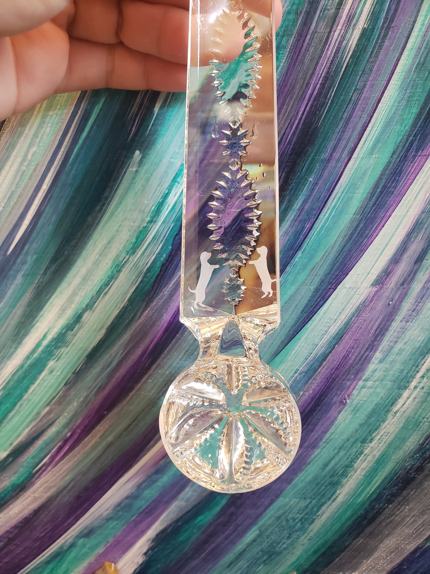 Chandelier crystal sun catching dog etching