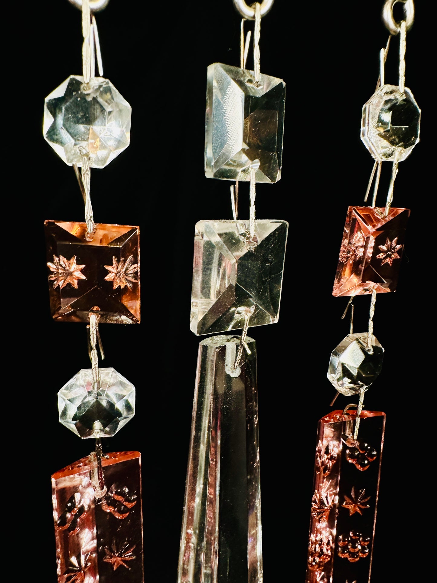 Antique pink vintage chandelier, crystal sun, catching wind chime