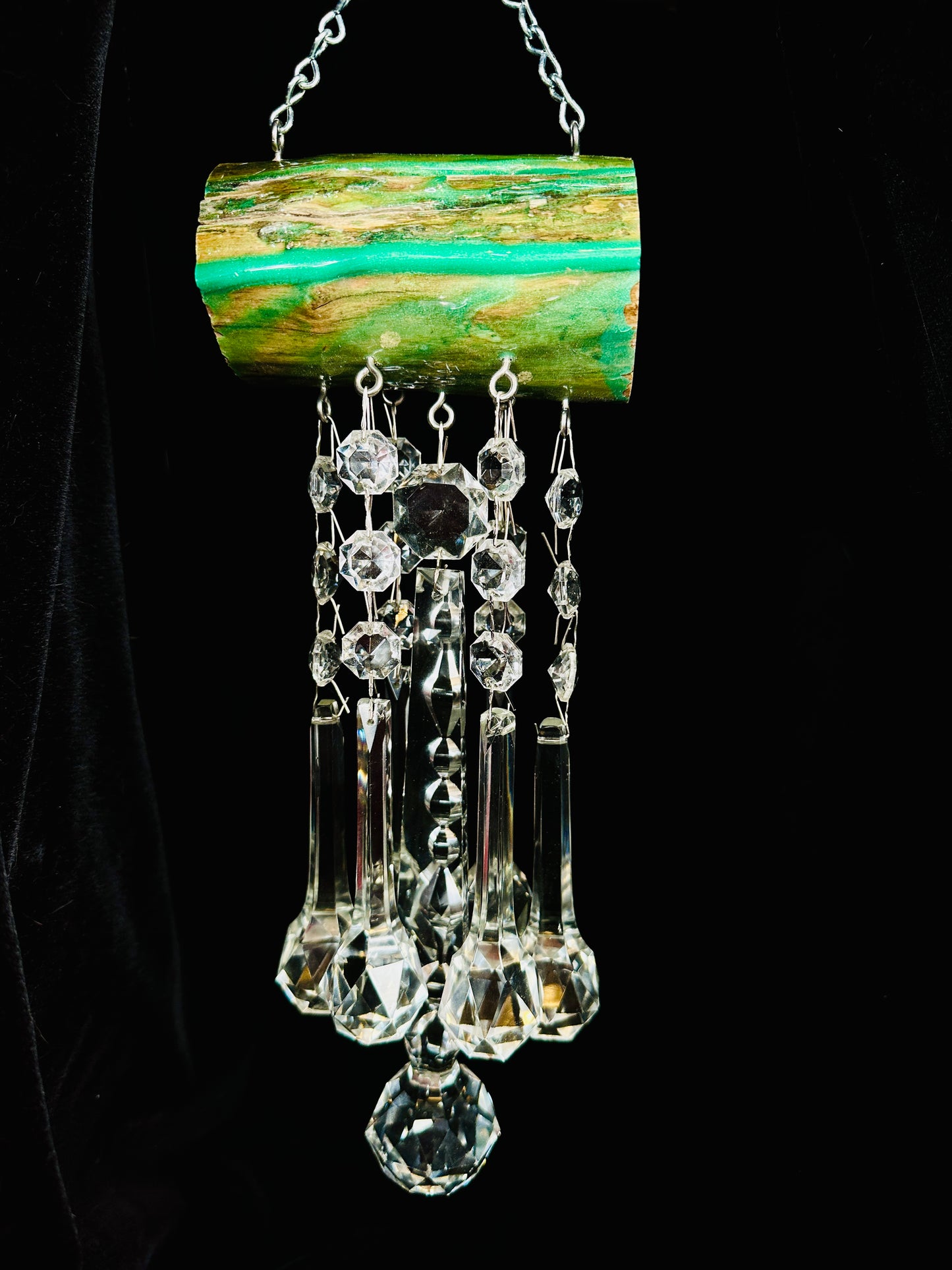 Antique crystal microphone and Driftwood, sun, catching wind chime