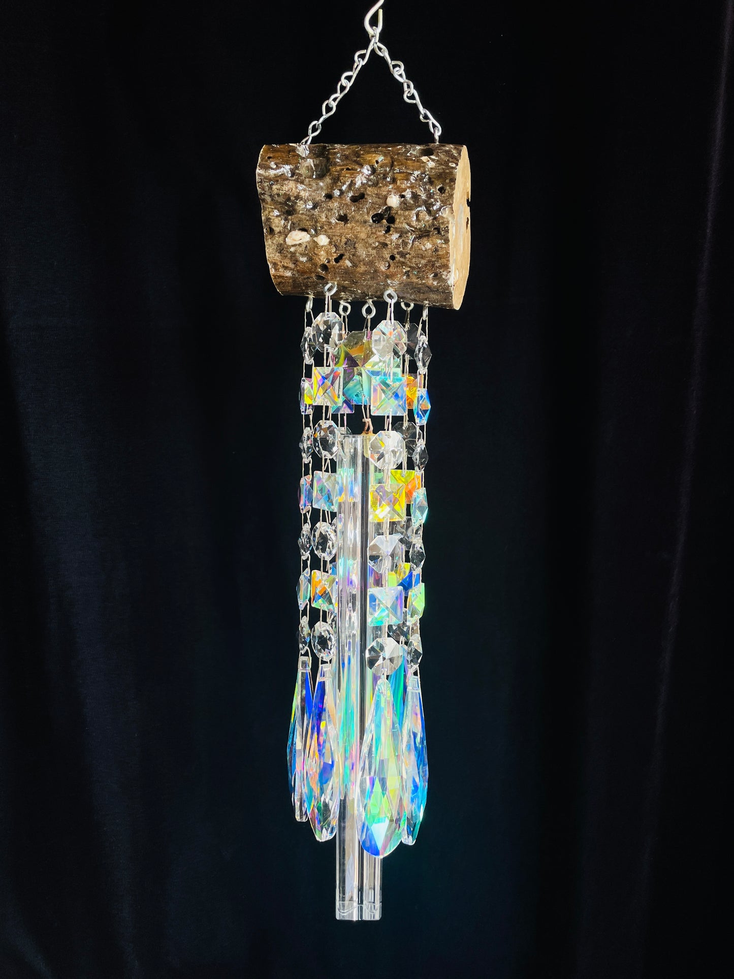 Glistening Driftwood & Crystal Wind Chime Sun Catcher 7 Strand (Vintage)