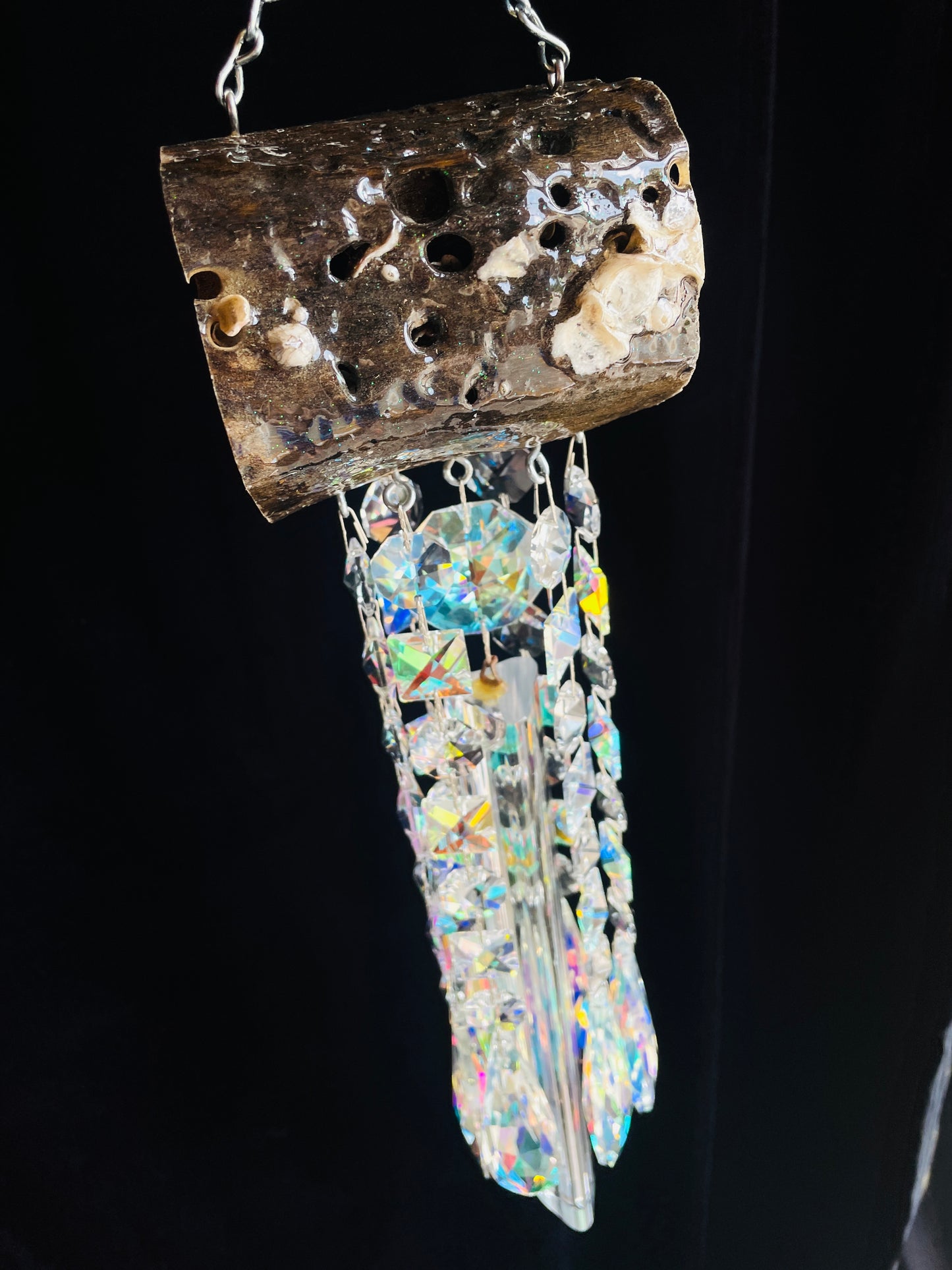 Glistening Driftwood & Crystal Wind Chime Sun Catcher 7 Strand (Vintage)