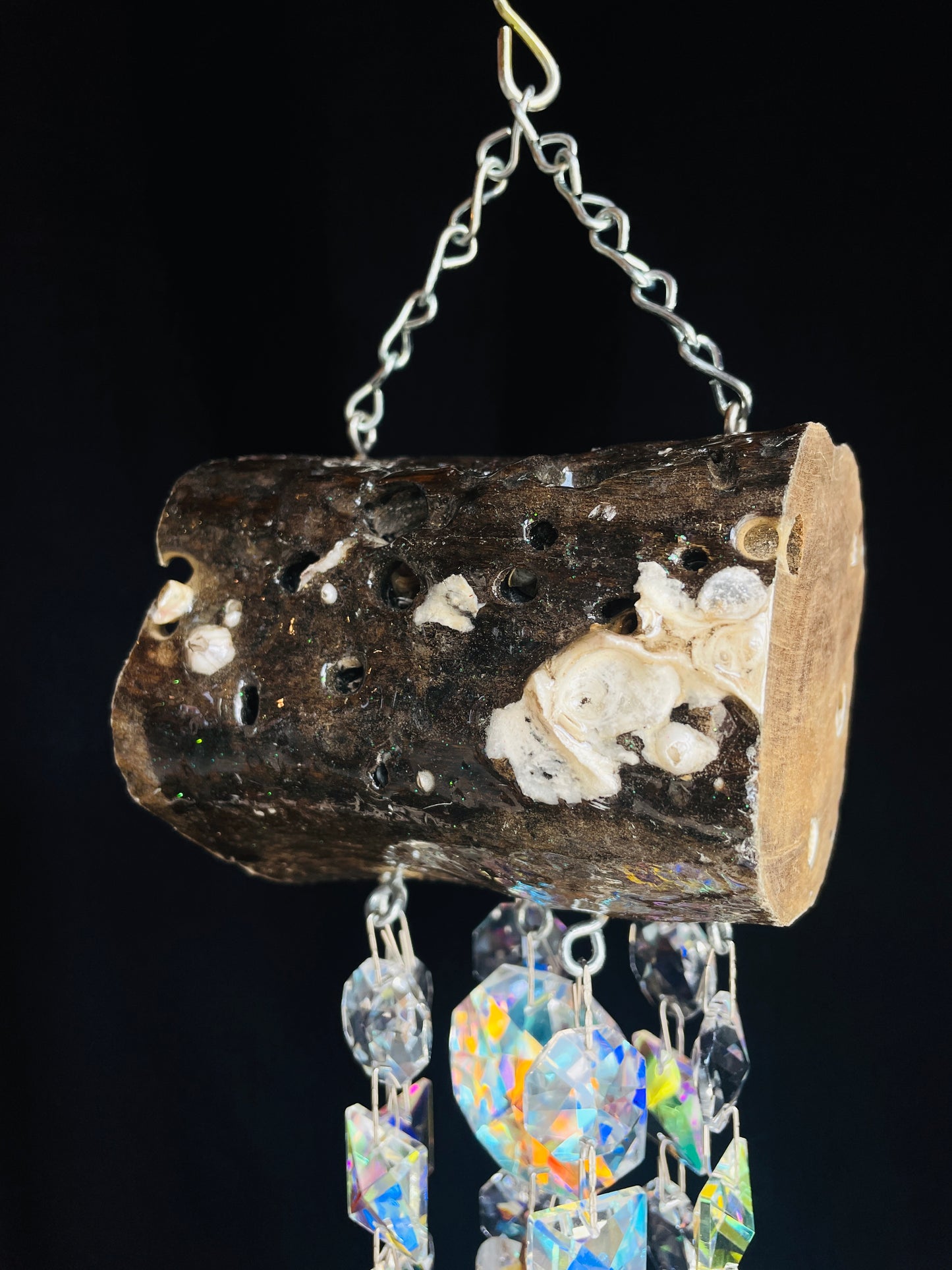 Glistening Driftwood & Crystal Wind Chime Sun Catcher 7 Strand (Vintage)