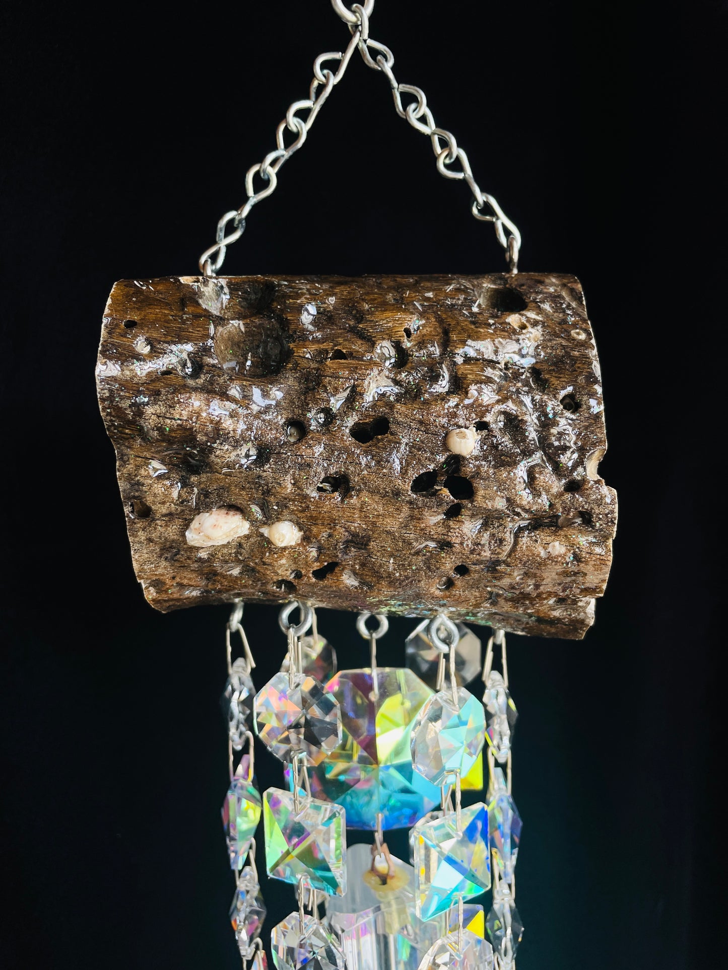 Glistening Driftwood & Crystal Wind Chime Sun Catcher 7 Strand (Vintage)