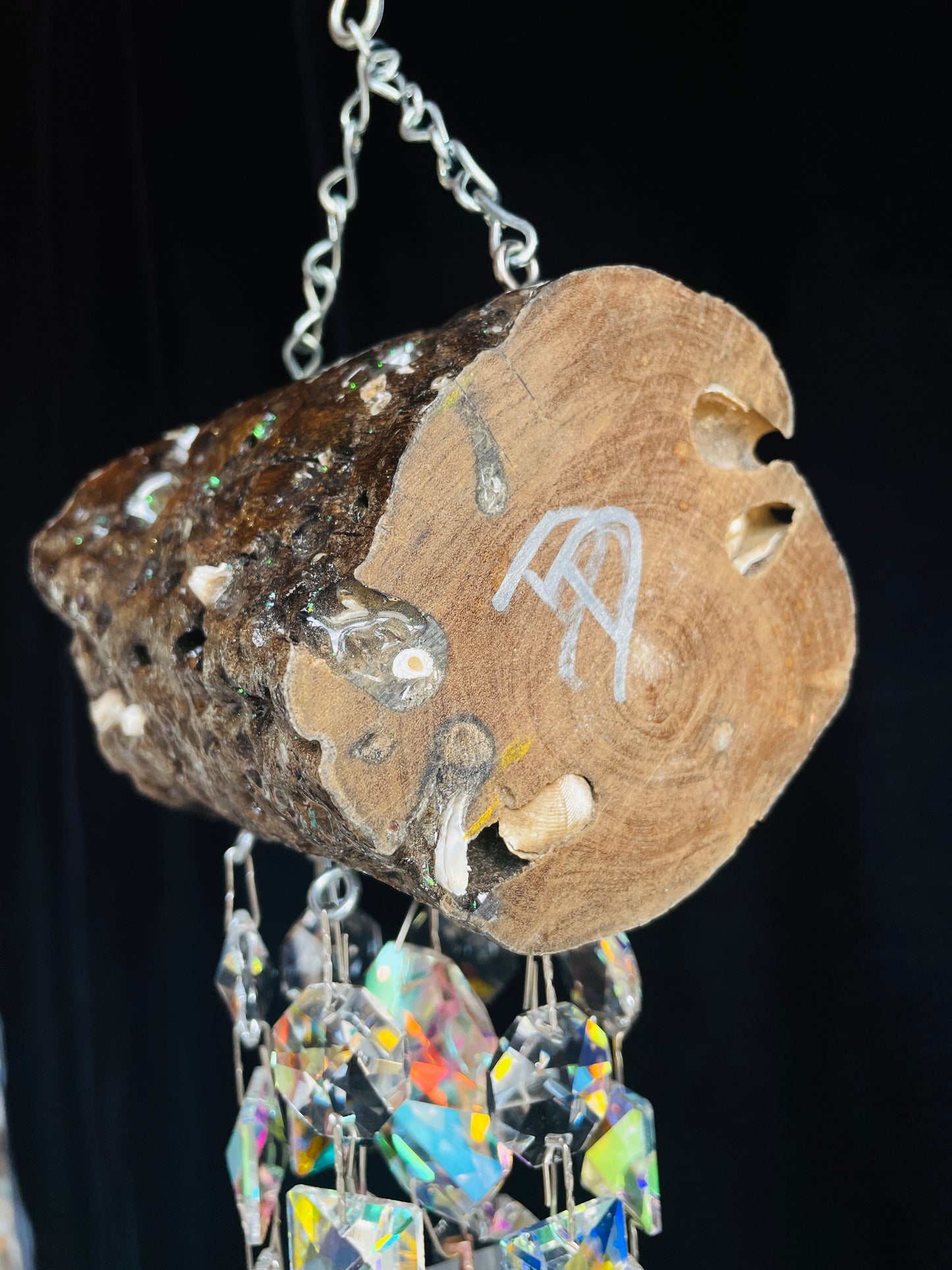 Glistening Driftwood & Crystal Wind Chime Sun Catcher 7 Strand (Vintage)