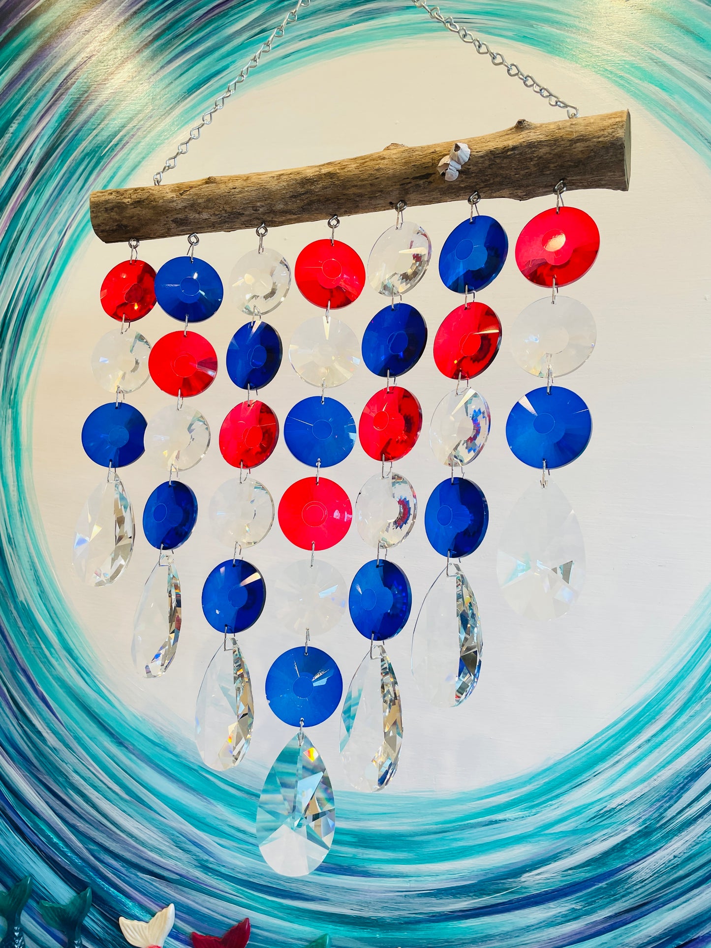 Homemade unique chandelier crystal suncatcher by Dazzling Driftwood