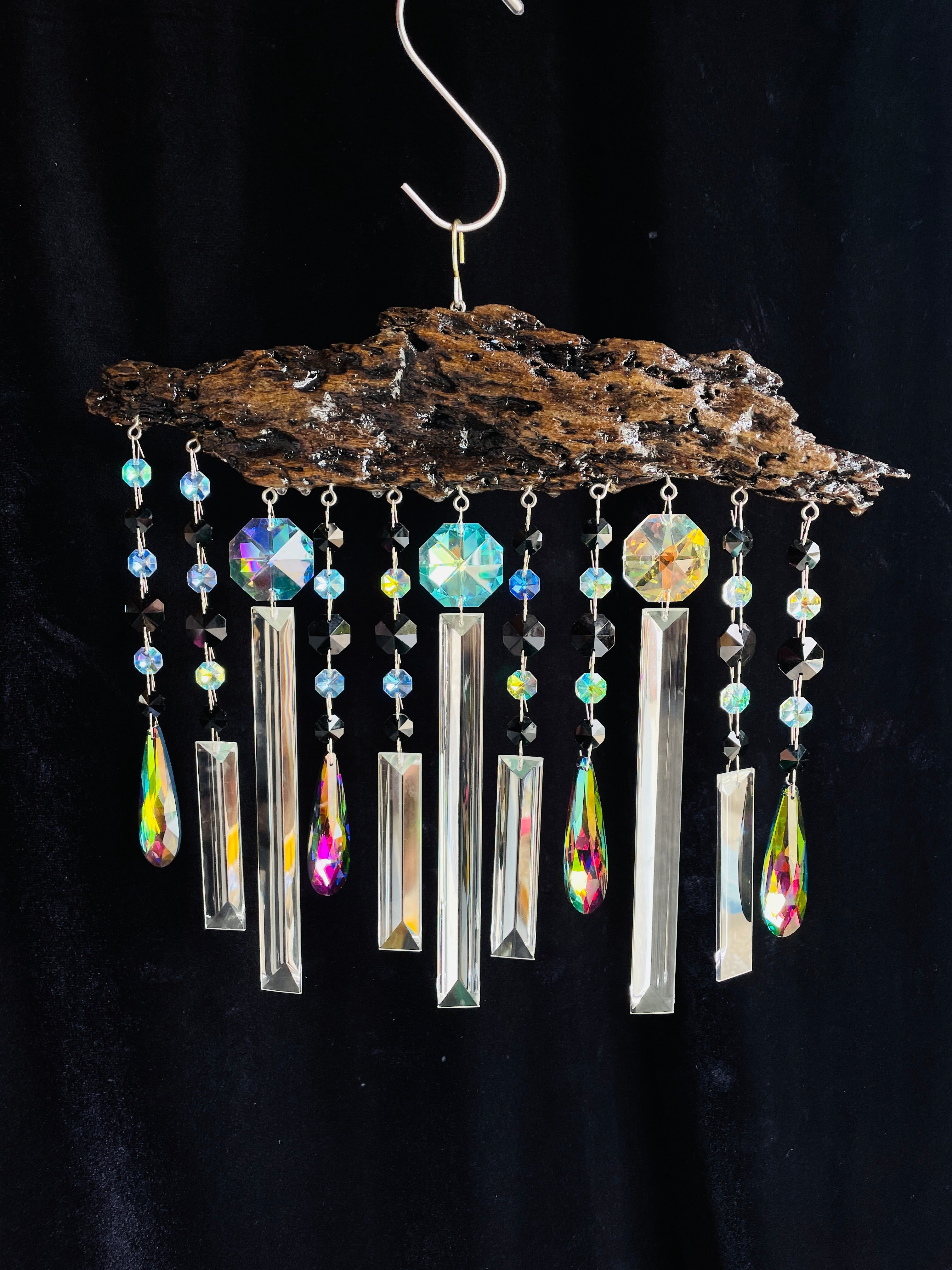 Natural Driftwood & Crystal Sun Catcher Wind Chime XL 11 Strand Magenta &  Gray