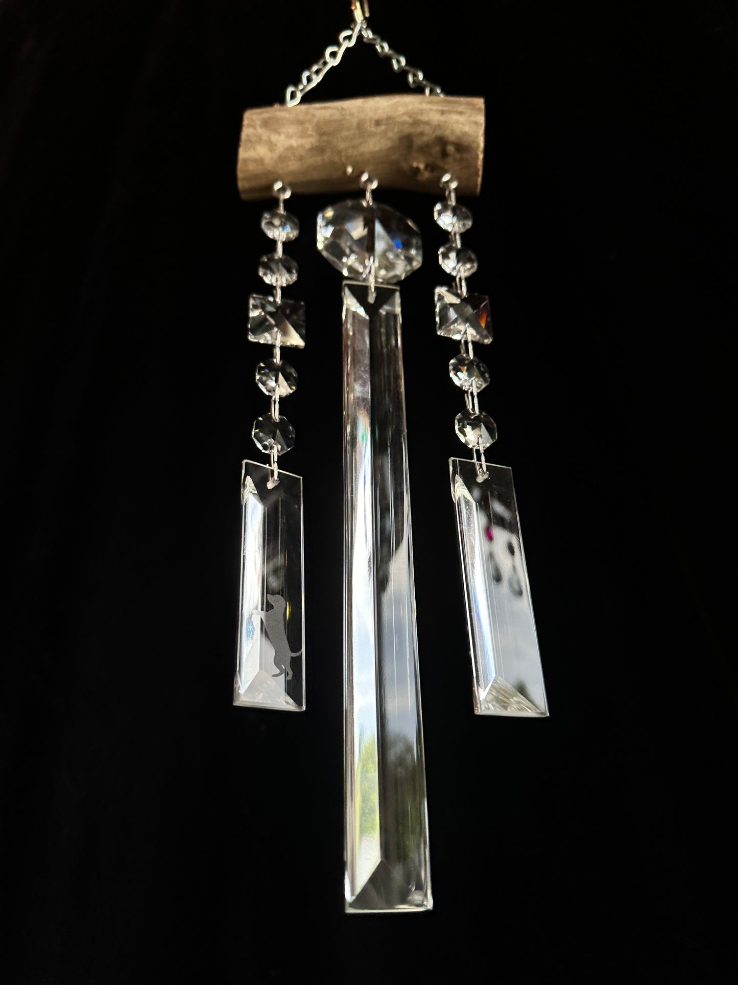 Chandelier crystal dog etching windchime suncatcher by Dazzling Driftwood