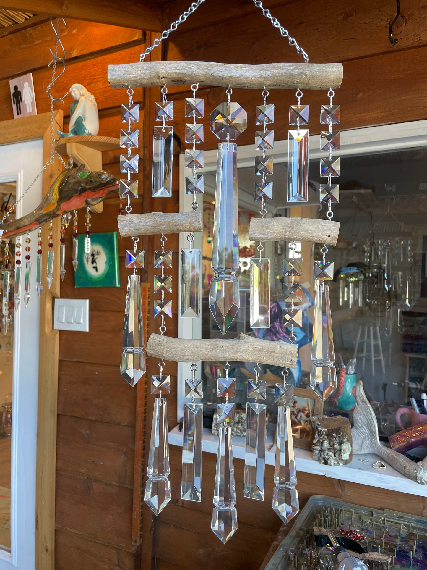 Suncatcher windchime driftwood crystal chandelier prisms hand made unique gift