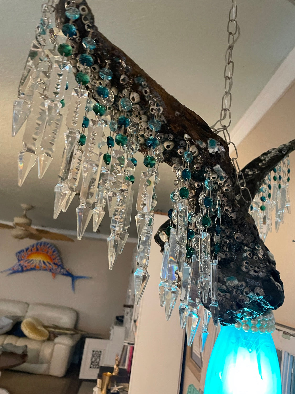 epoxy resin driftwood barnacle tide-pool sun-catching chandelier-crystals