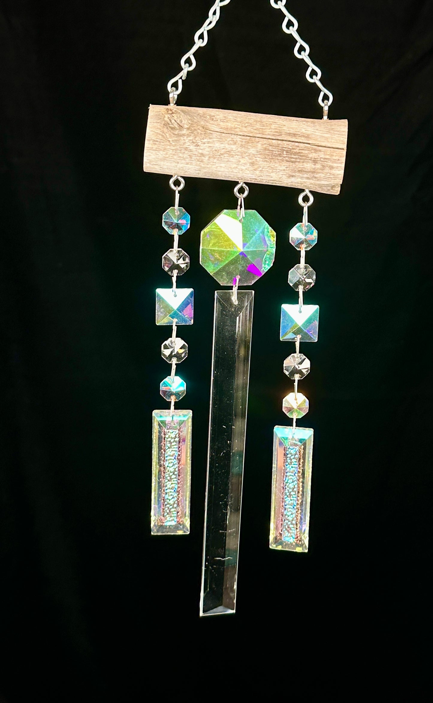 Natural Driftwood & Aura Borealis Ice Chandelier Crystal Sun-catching Wind-chime
