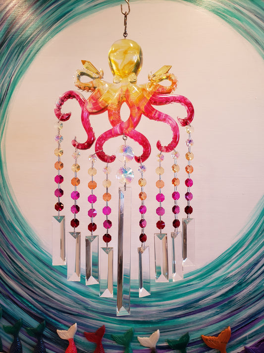 Unqiue one of a kind hand made sunset octopus windchime suncatcher