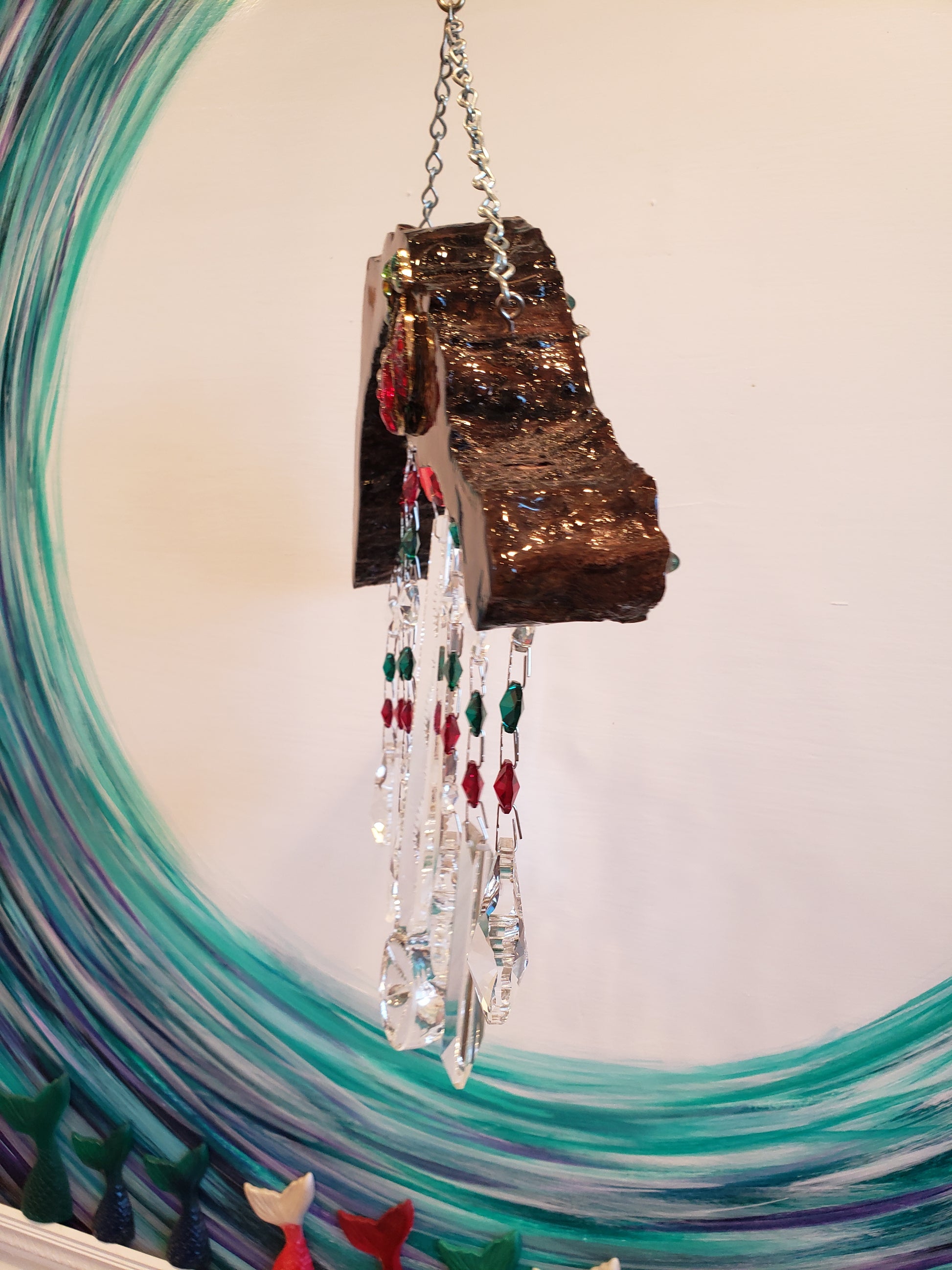 Driftwood wood cross cut windcgime suncatcher