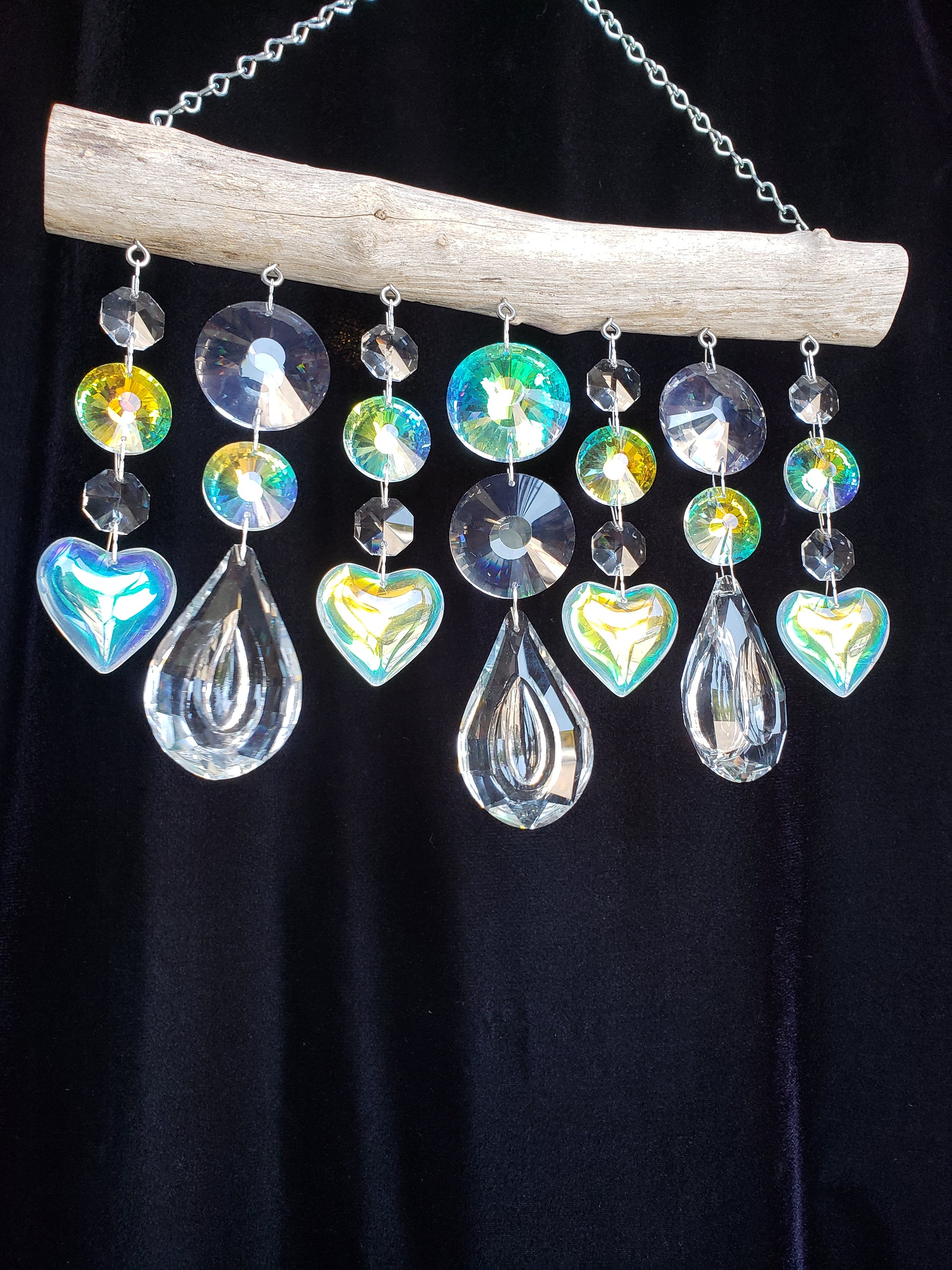 Chandelier crystal heart suncatcher on natural driftwood