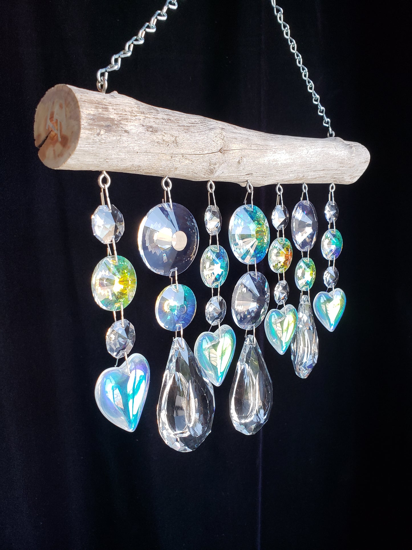 Chandelier crystal suncatcher with hearts by Dazzling Driftwood