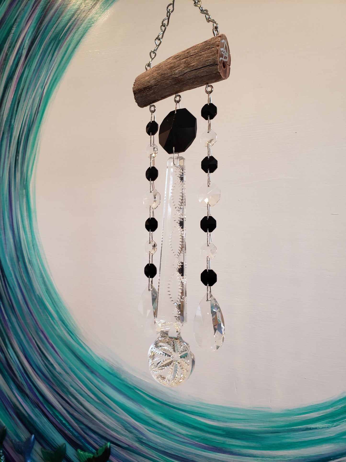 Unique handmade chandelier crystal windchime suncatchers by Dazzling Driftwood.