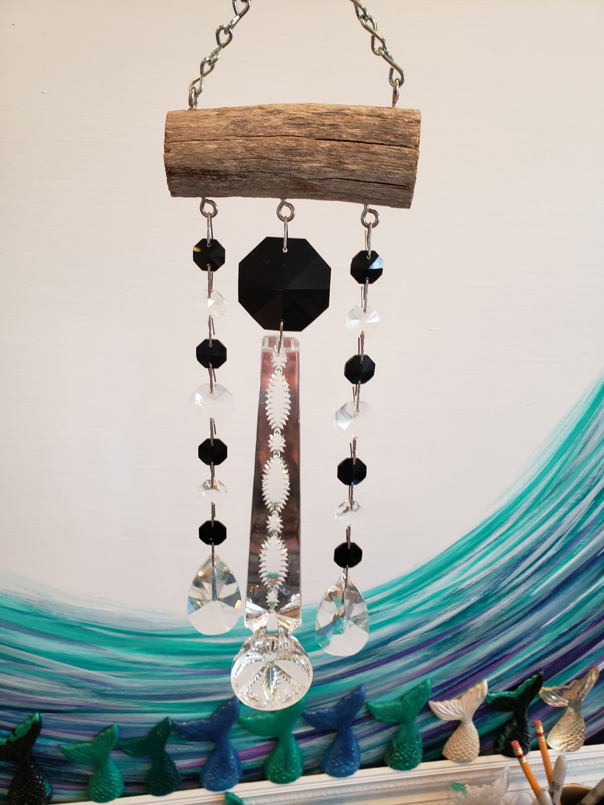 Dazzling Driftwood black and white handmade windchime suncacther 