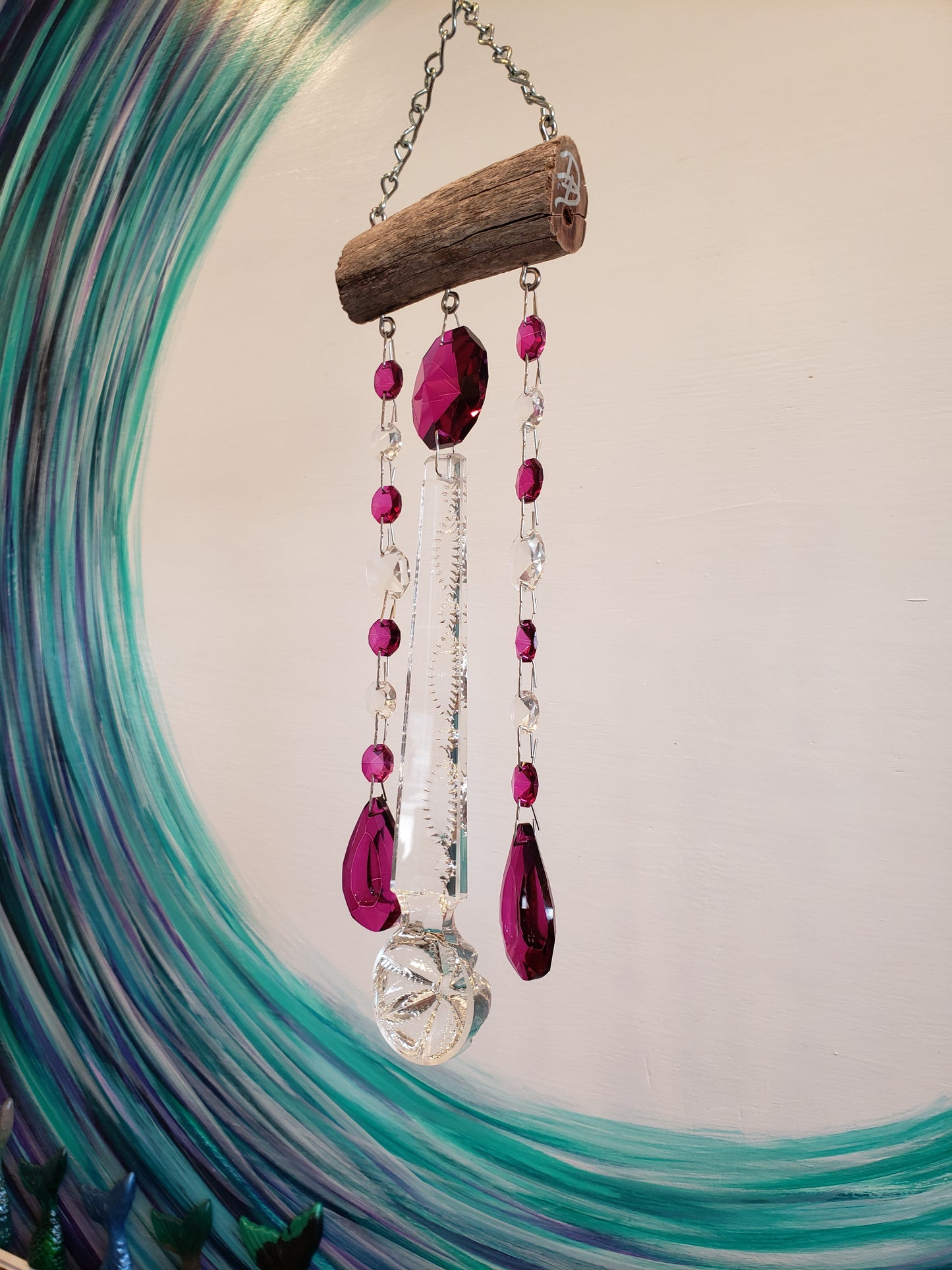 Pink Magenta chandelier crystal windchime suncatcher by Dazzling Driftwood 