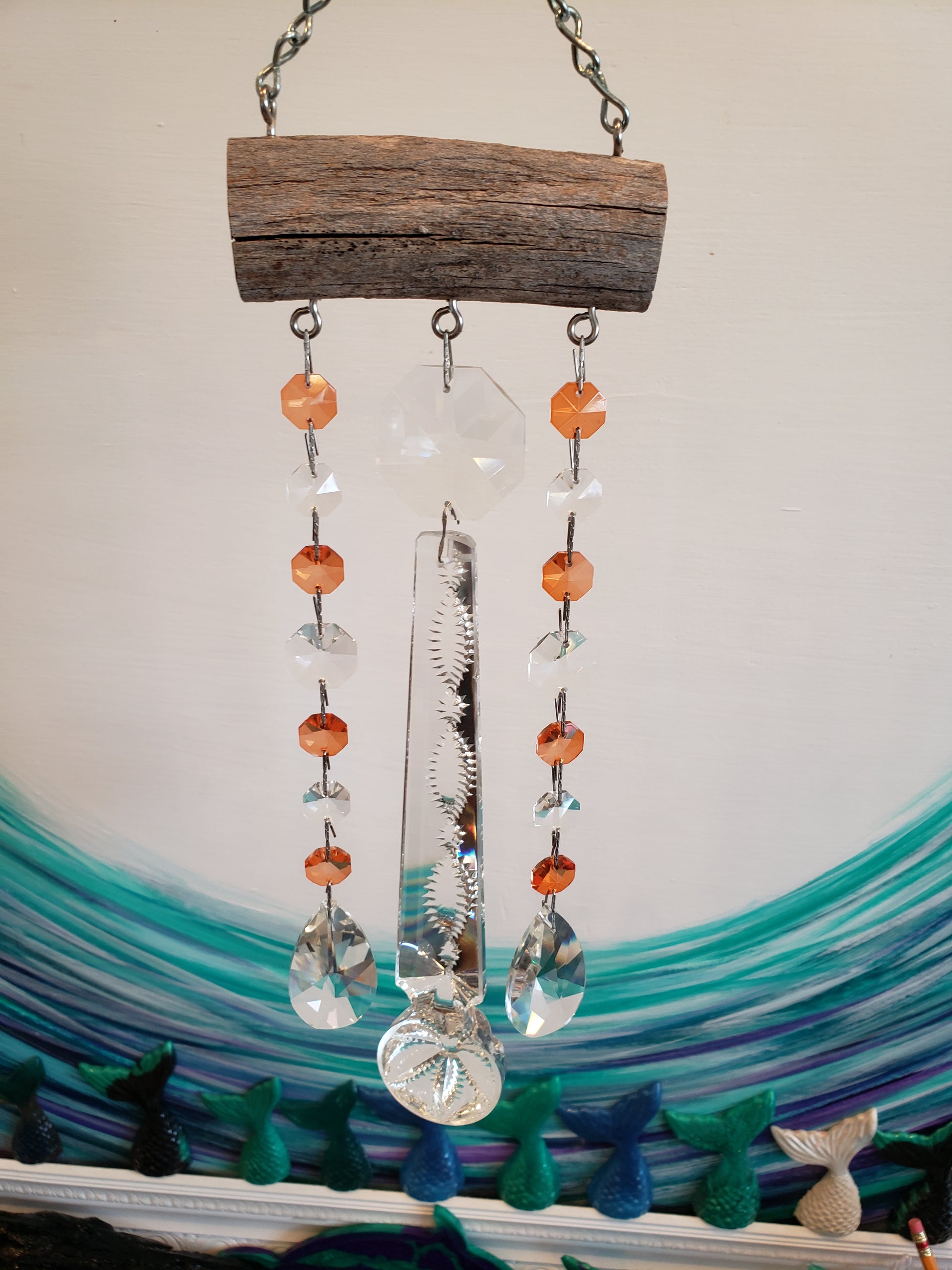 unique handmade chandelier crystal windchime suncatcher by Dazzling Driftwood 