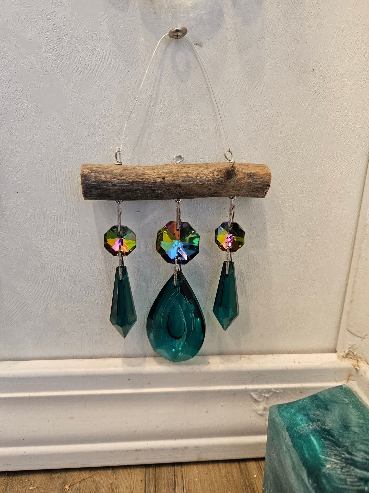 Green and peacock color chandelier crystal micro 3 suncatcher by Dazzling Driftwood