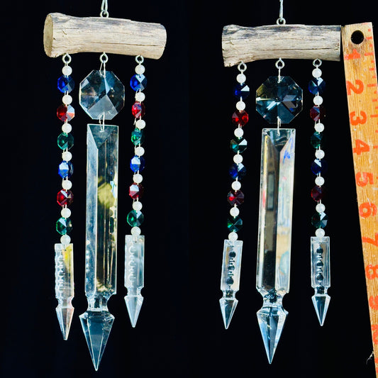 Crystals for Crossed Paws Three Strand Natural Driftwood Sun-catching Wind-chime with Crystal Spears