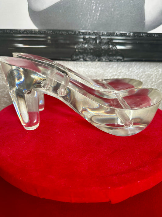 Clear glass high-heeled shoe inspired by Marilyn Monroe's Cinderella Slippers