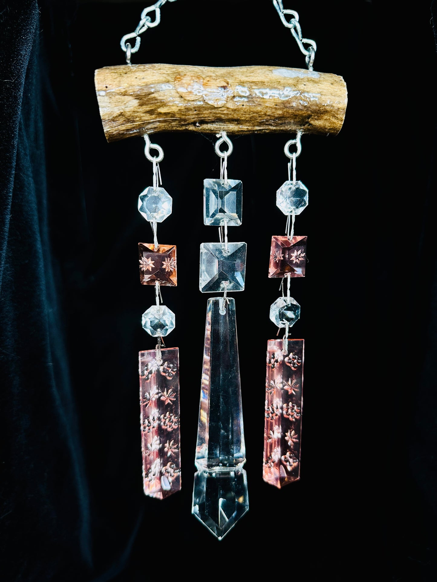 Antique pink vintage chandelier, crystal sun, catching wind chime