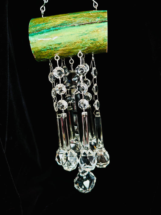 Antique crystal microphone and Driftwood, sun, catching wind chime