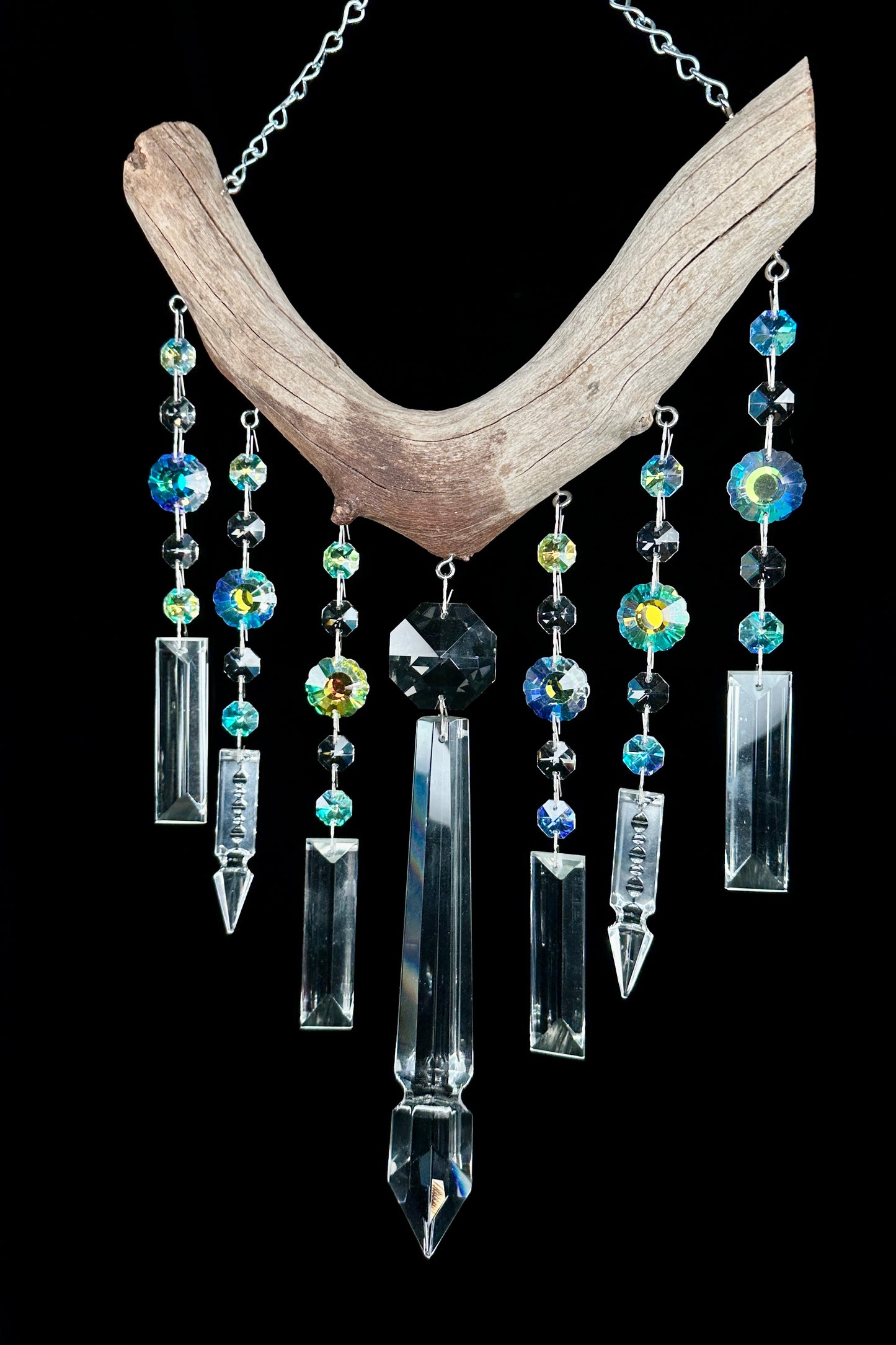 Handmade Driftwood and Crystal Sun-catching Windchime 
