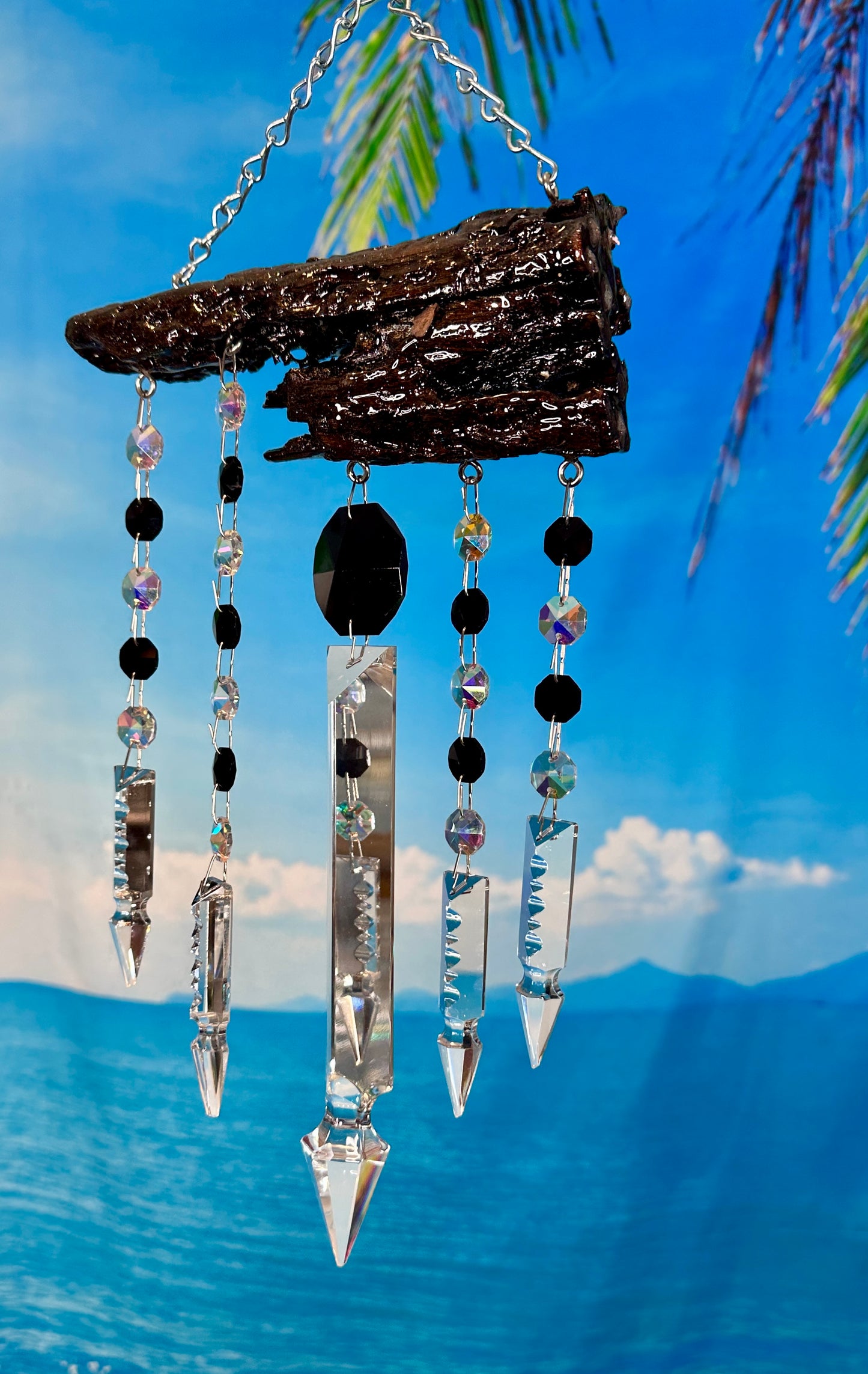 Sparkling Driftwood and Crystal Chandelier Crystal Sun-catching Wind-chime 5 One of a kind Dark Wood