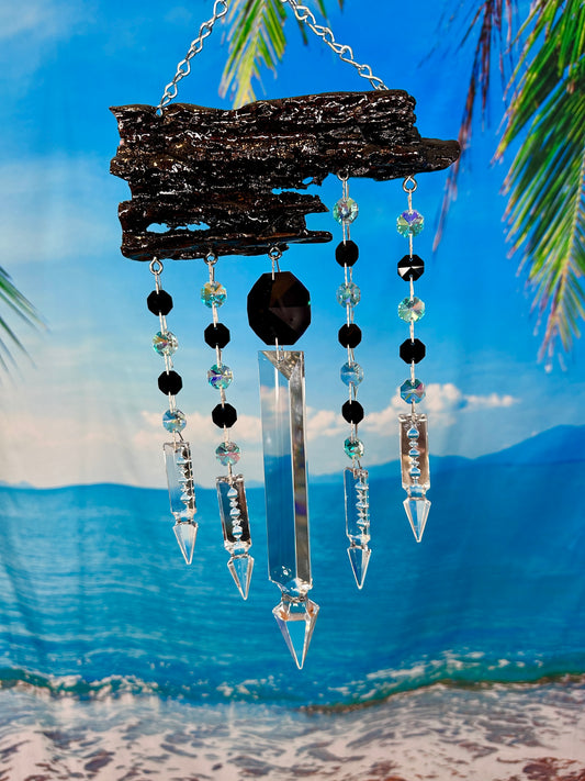 Sparkling Driftwood and Crystal Chandelier Crystal Sun-catching Wind-chime 5 One of a kind Dark Wood
