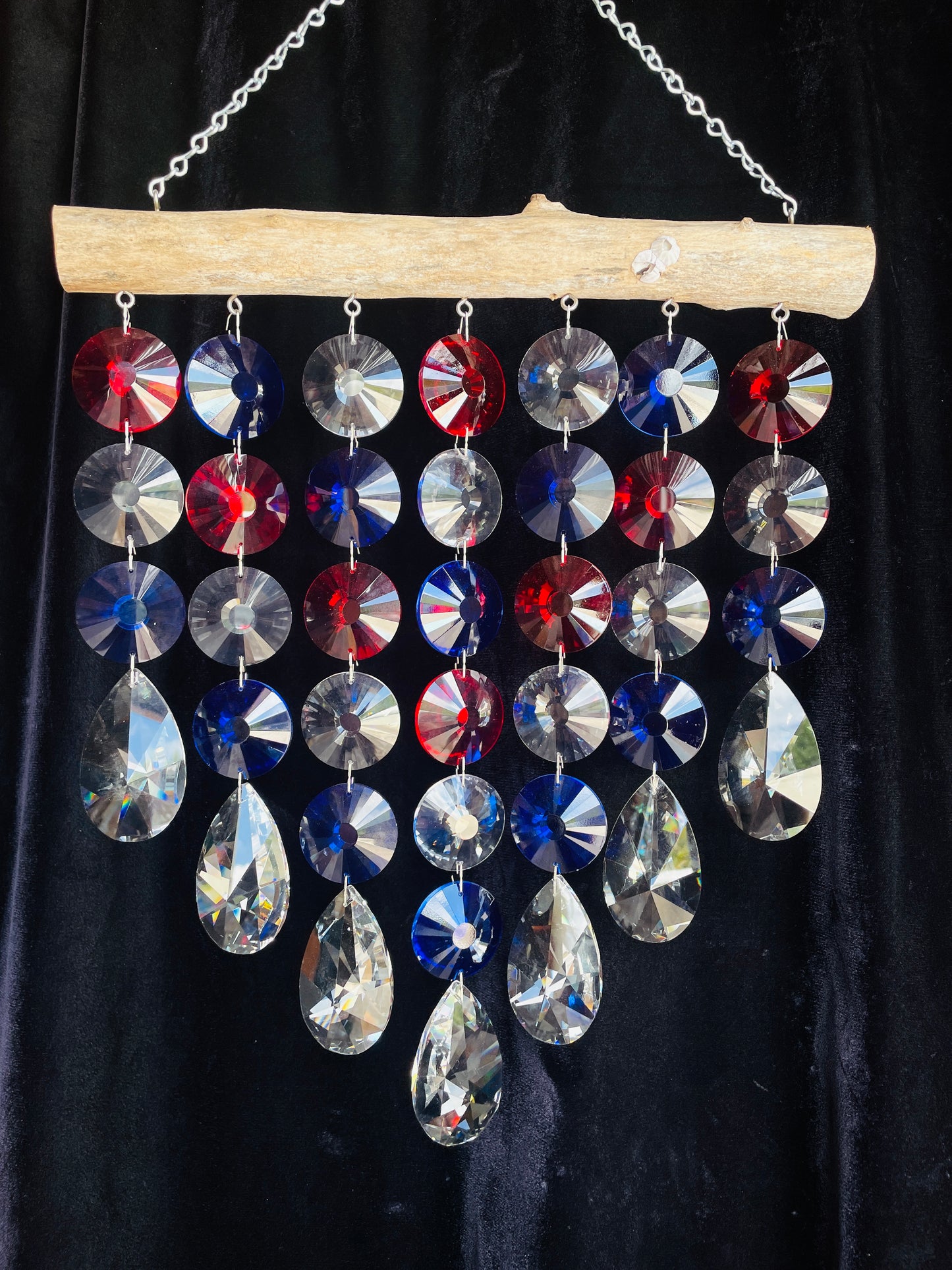 homemade unique red, white, and blue chandelier crystal suncatcher by Dazzling Driftwood