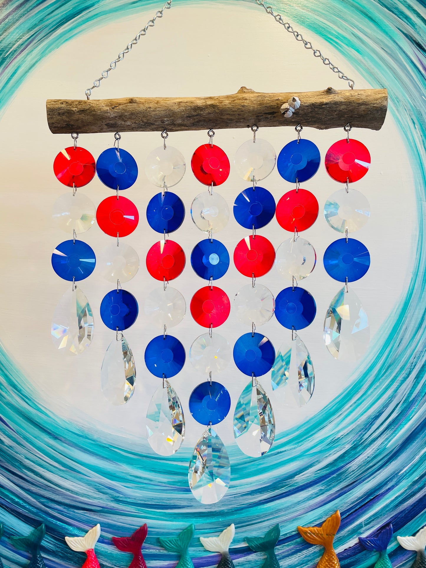 Natural Driftwood and Crystal Chandelier prisms in Red White and Blue