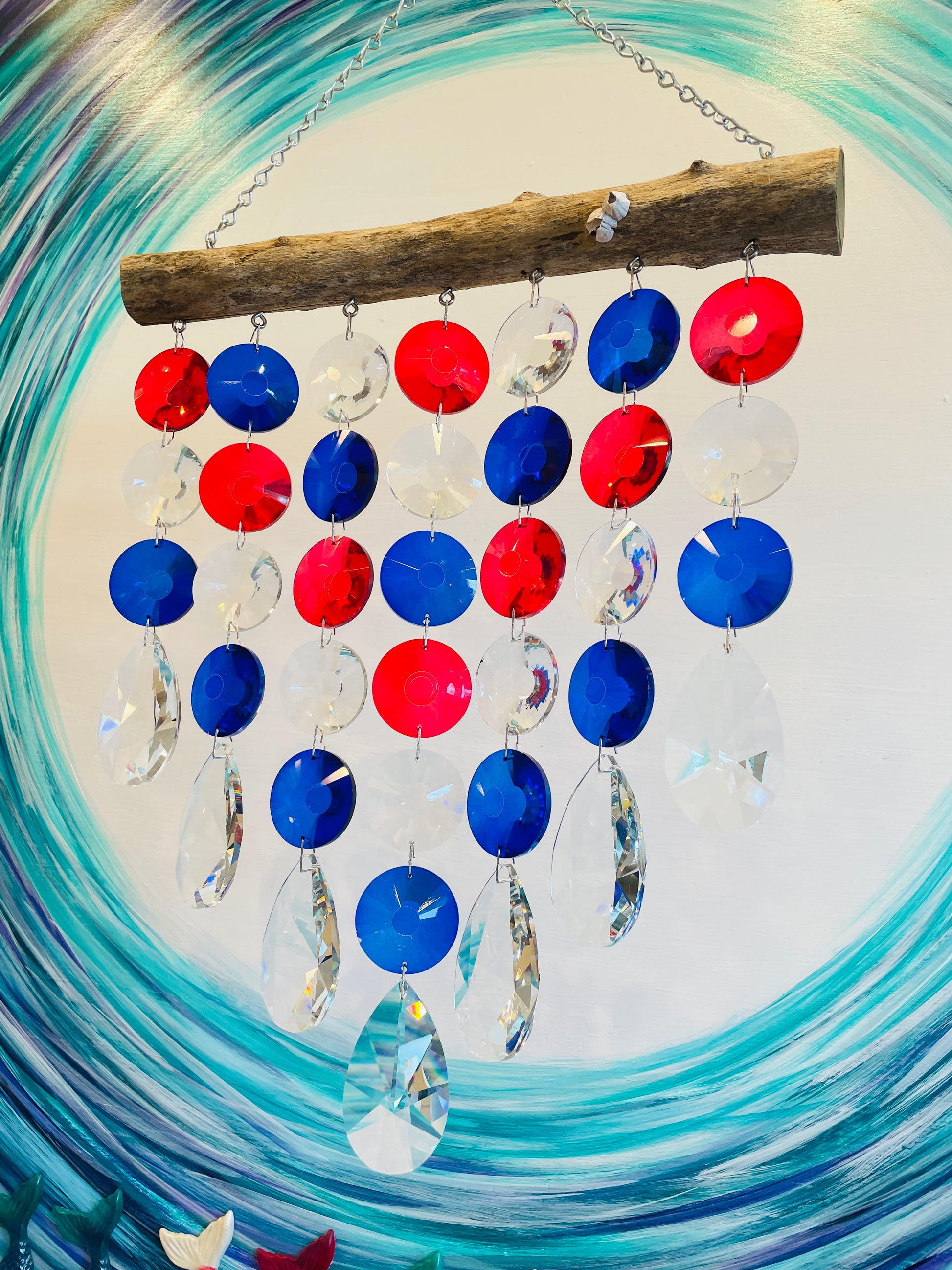 Homemade unique chandelier crystal suncatcher by Dazzling Driftwood