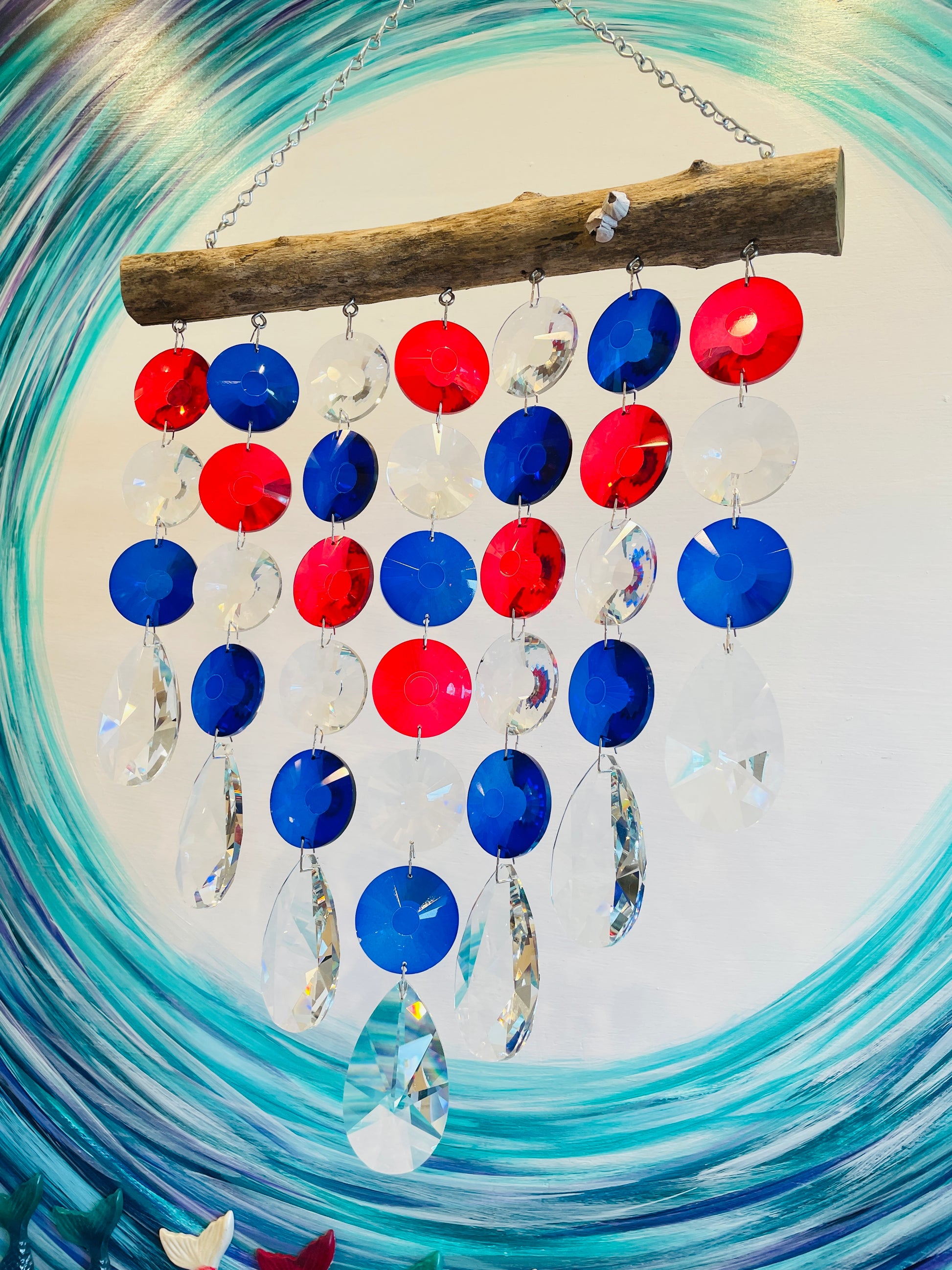 Homemade unique chandelier crystal suncatcher by Dazzling Driftwood