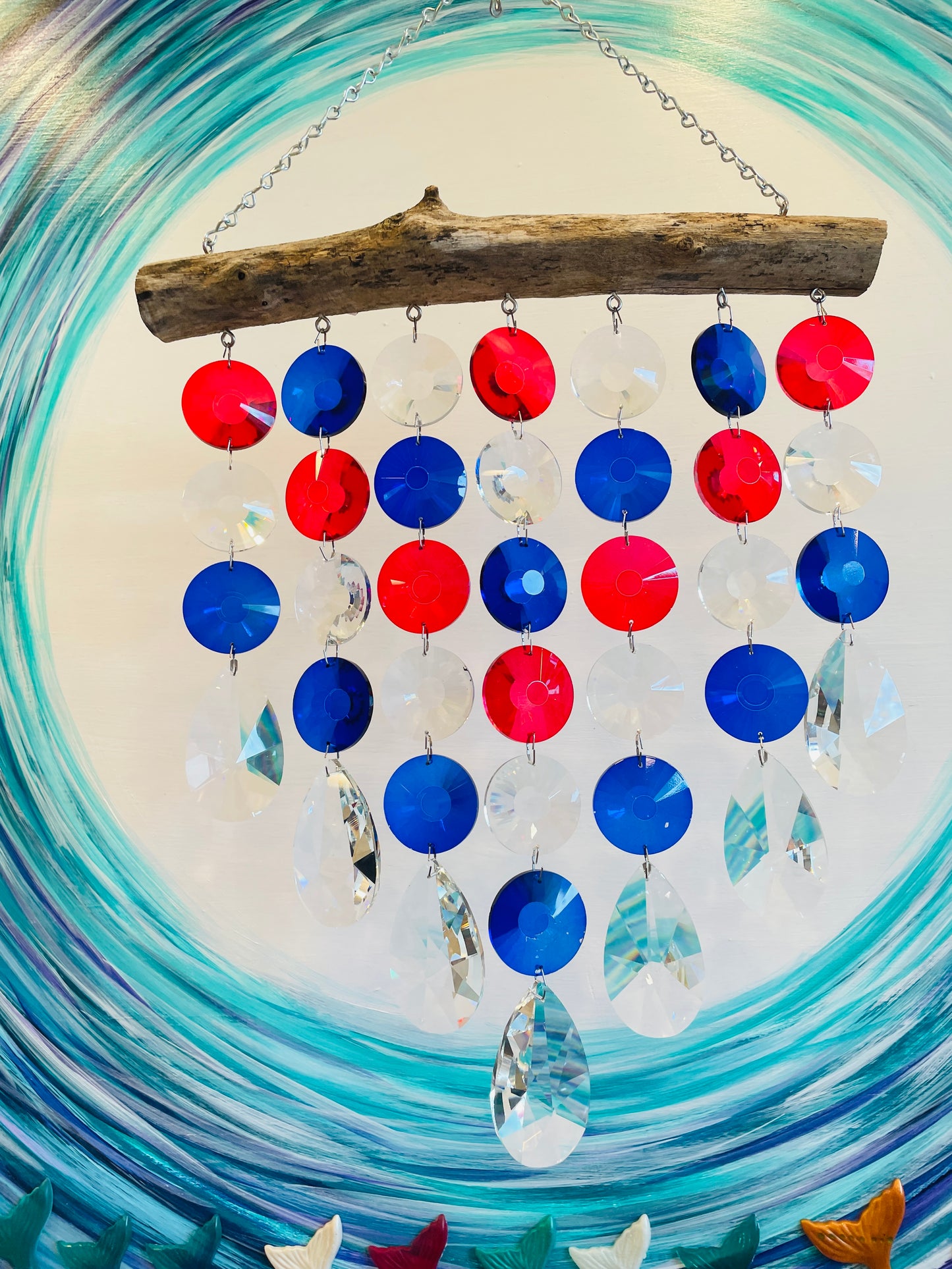 red, white, and blue chandelier crystal suncatcher Auburndale Florida's Dazzling driftwood