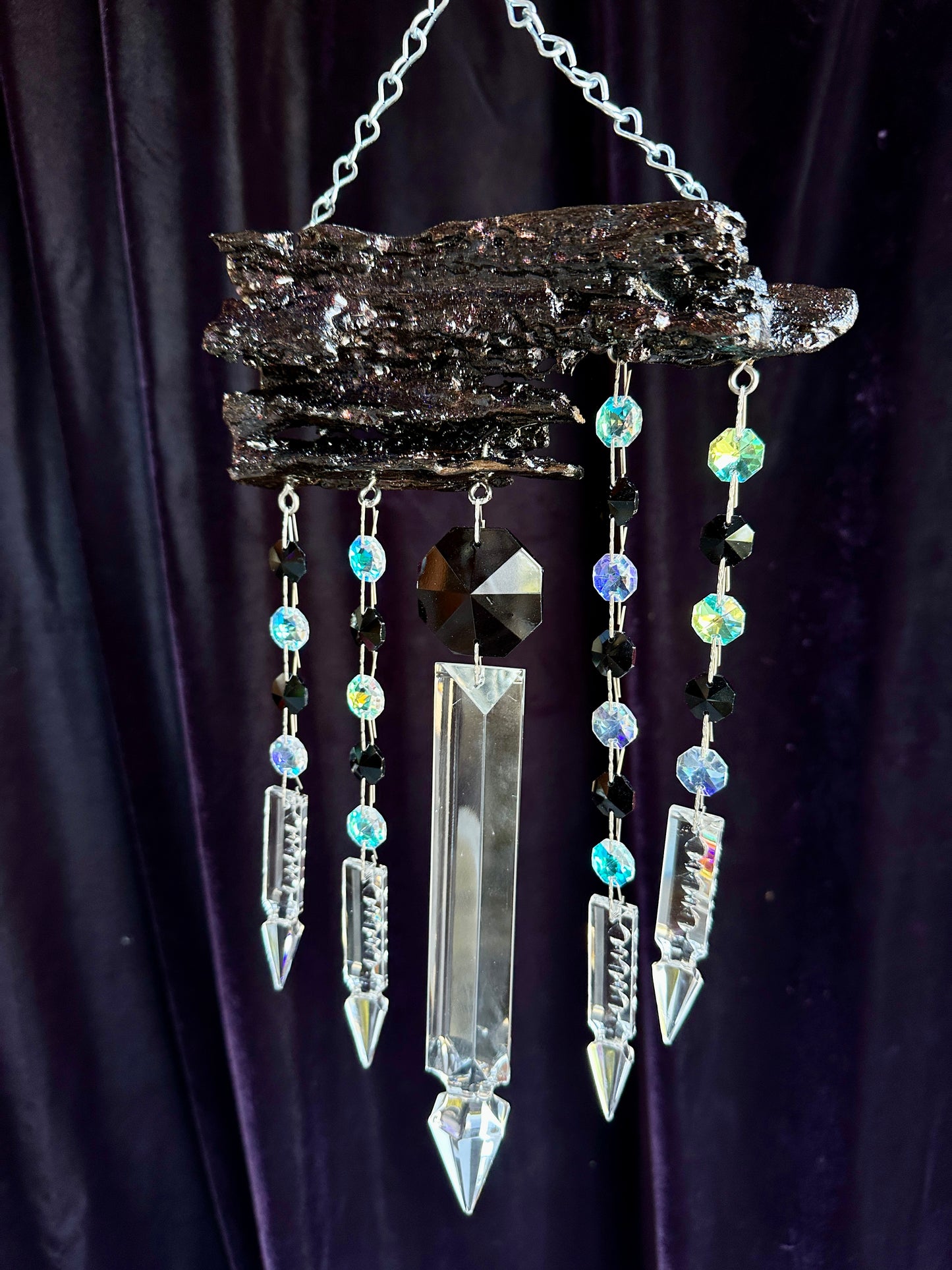 Sparkling Driftwood and Crystal Chandelier Crystal Sun-catching Wind-chime 5 One of a kind Dark Wood