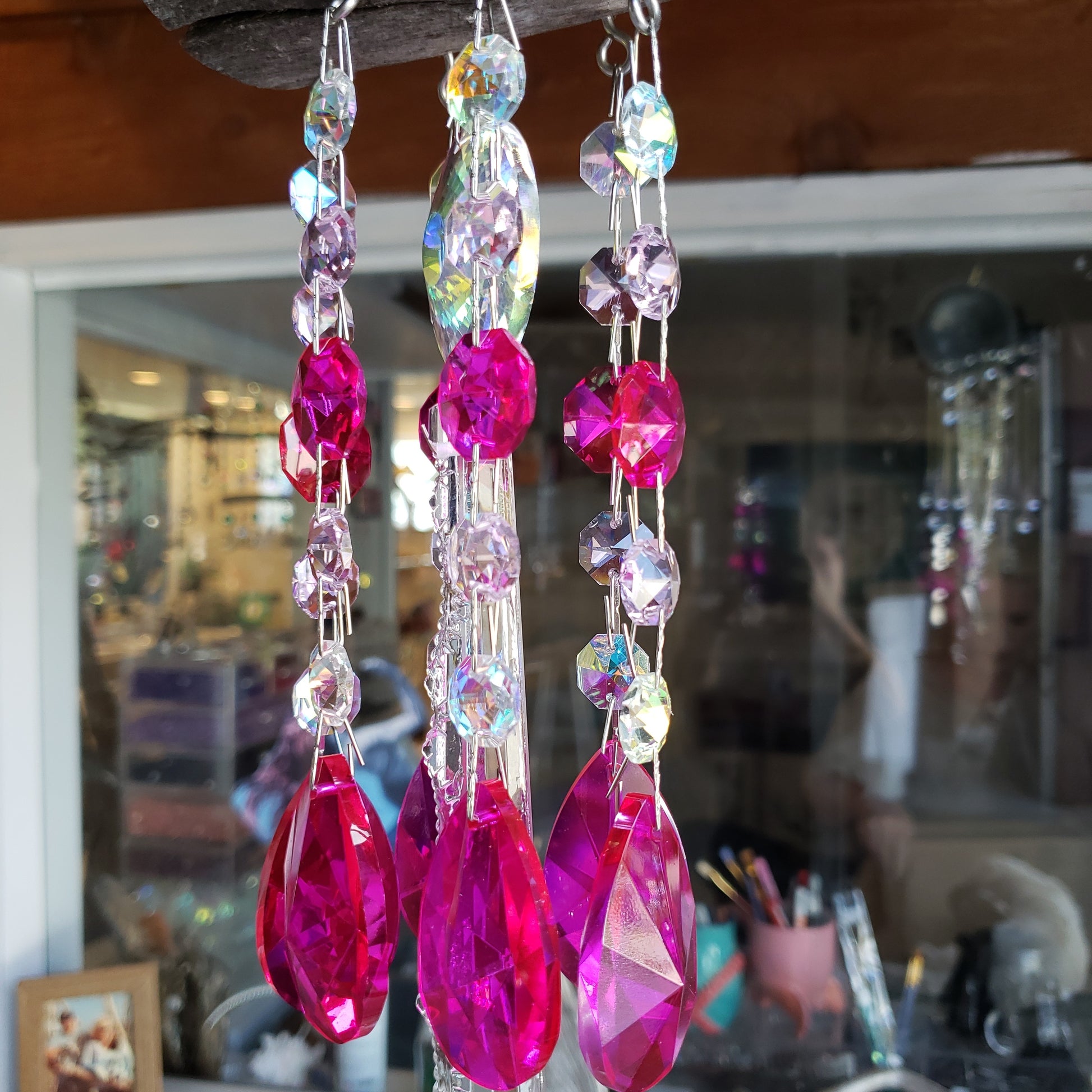 Natural Driftwood & Crystal Sun Catcher Wind Chime XL 11 Strand Magenta &  Gray