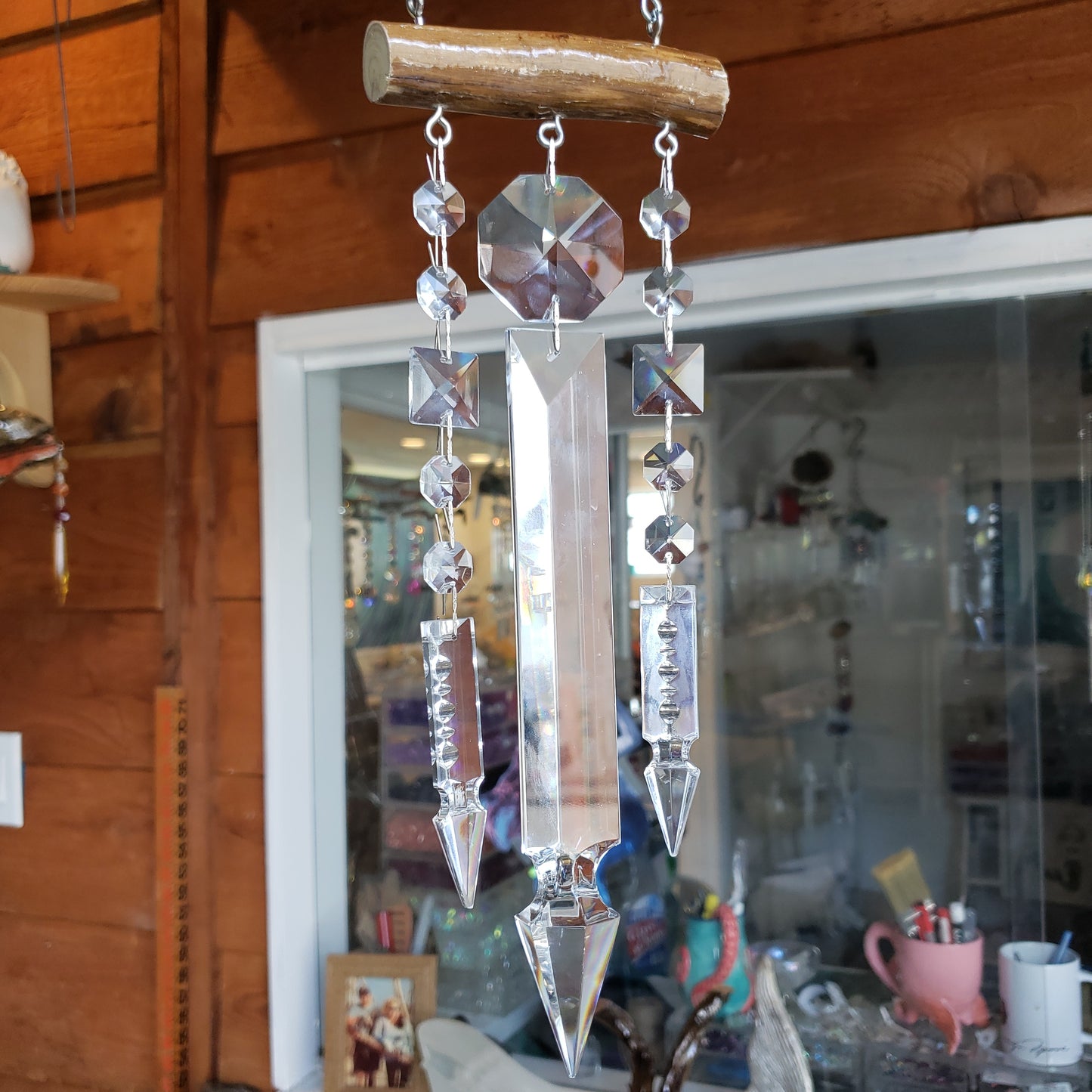 glistening epoxy resin driftwood wind-chime chandelier crystal clear spears
