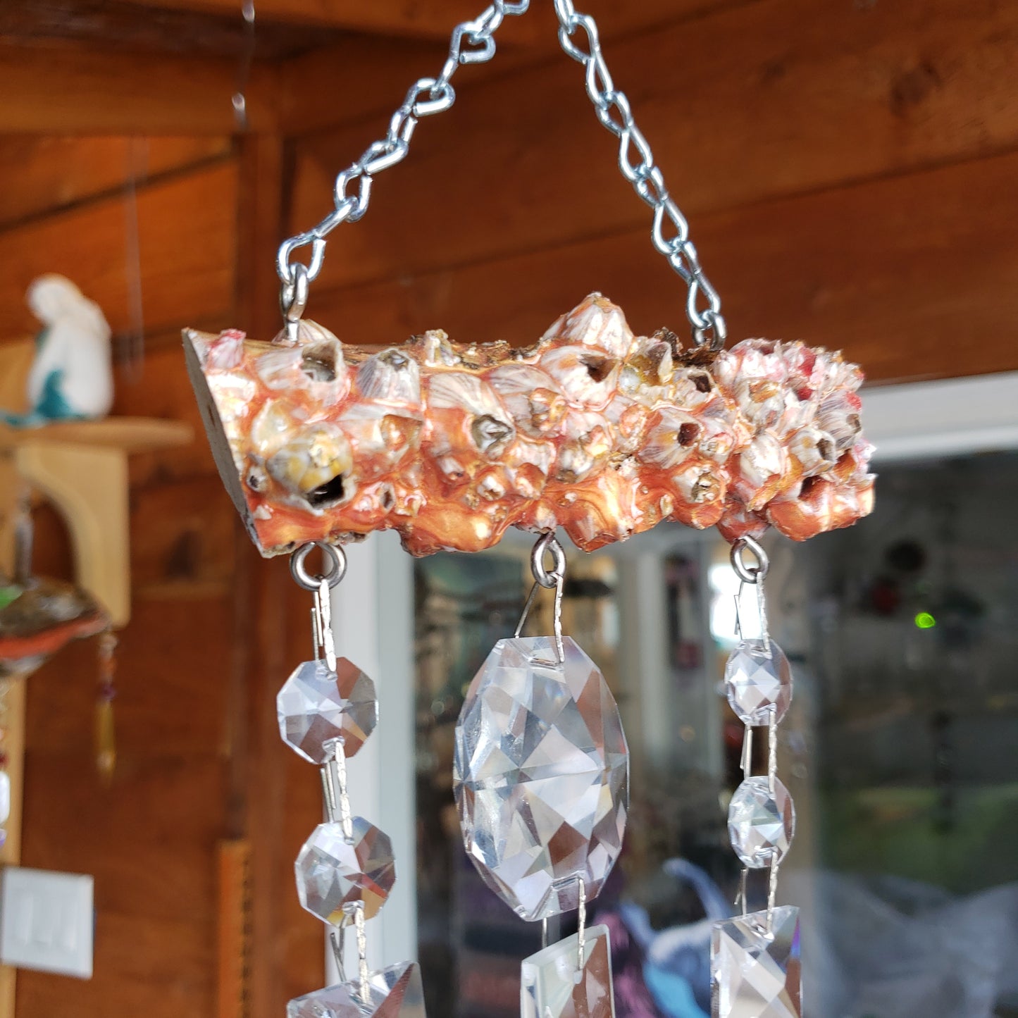 epoxied barnacle windchime 3 cahndelier crystals