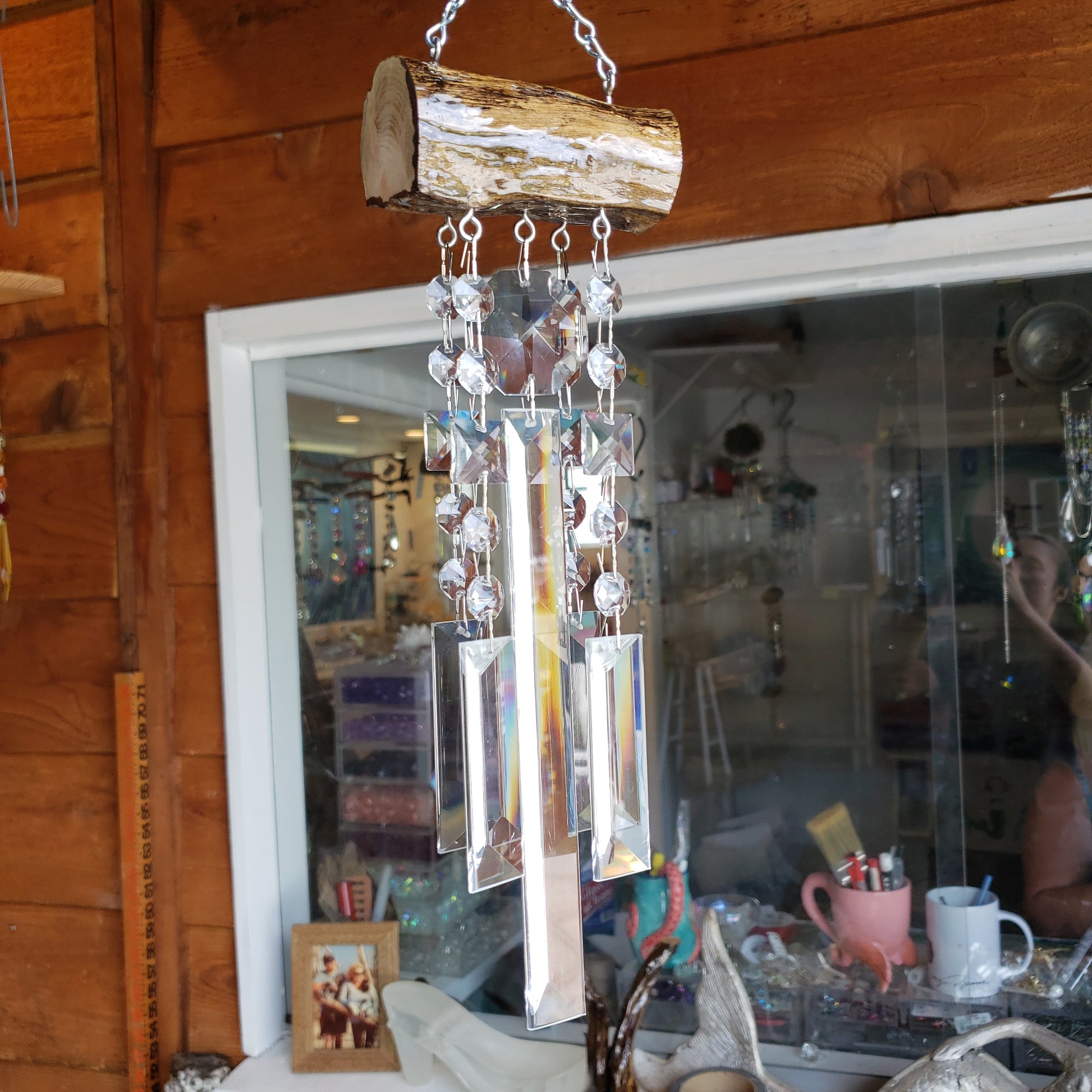 unique wind-chime sun-catcher chandelier crystal dazzling driftwood