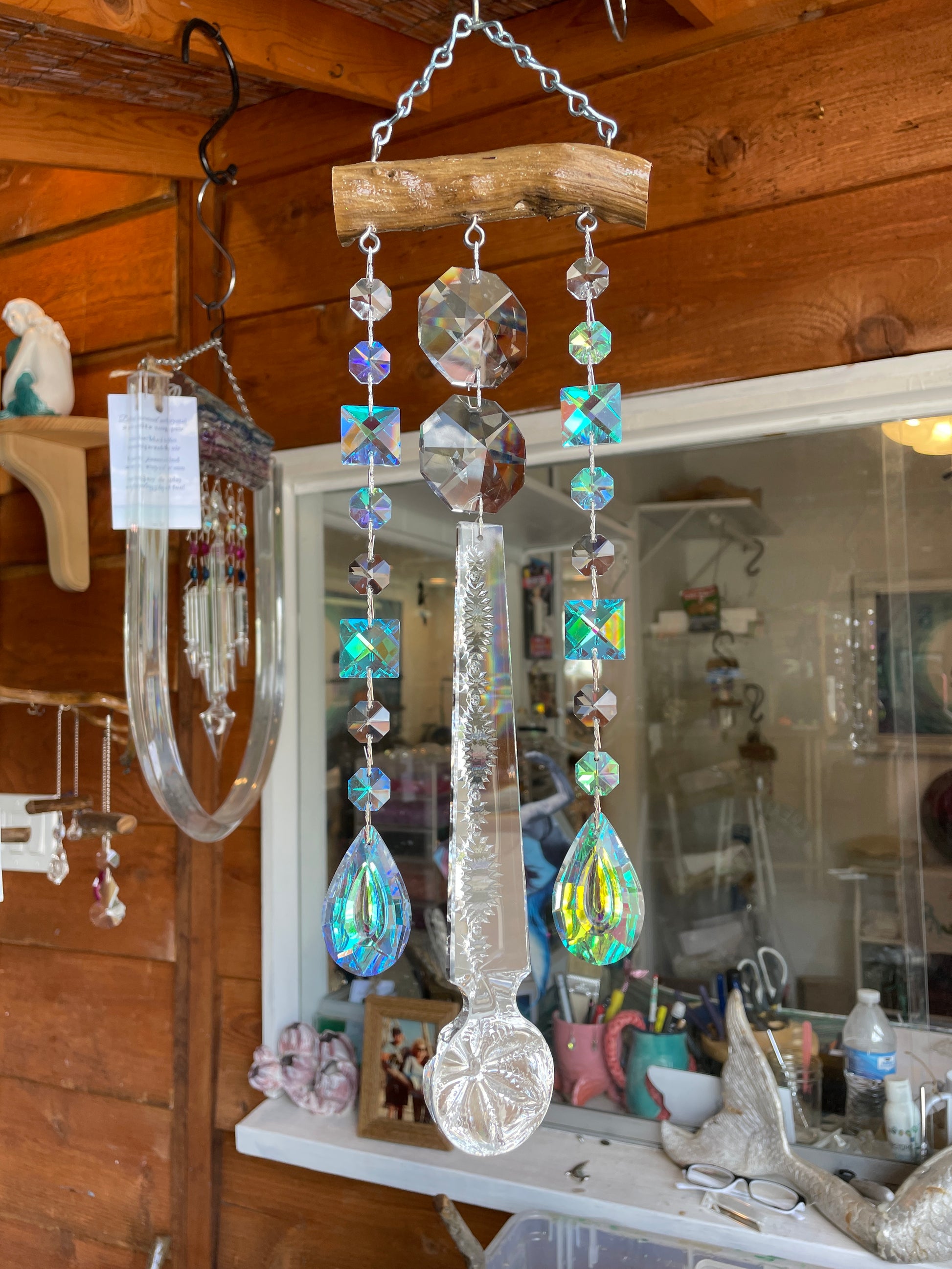 driftwood wind-chime chandelier crystal art by Angel SIms