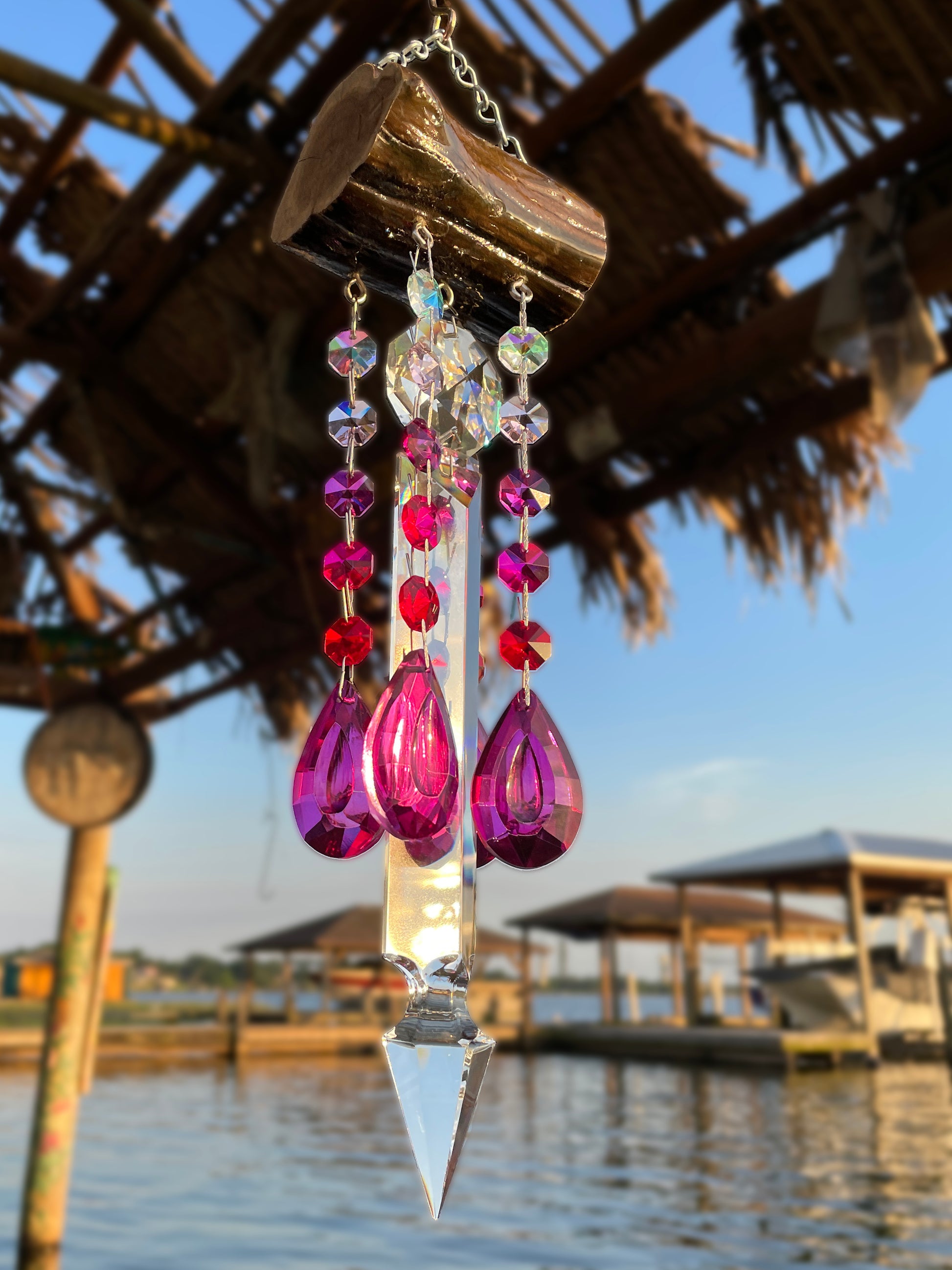 glistening epoxy-resin driftwood wind-chime chandelier crystal handmade art