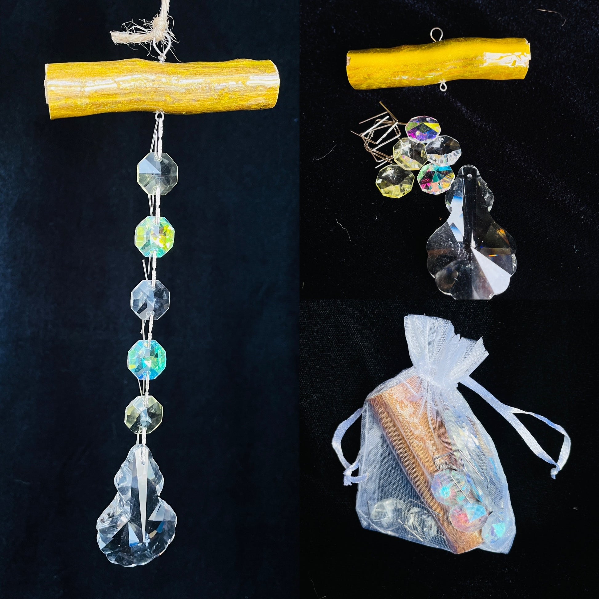 DIY Suncatcher made from Driftwood, epoxy resin, and crystal prisms