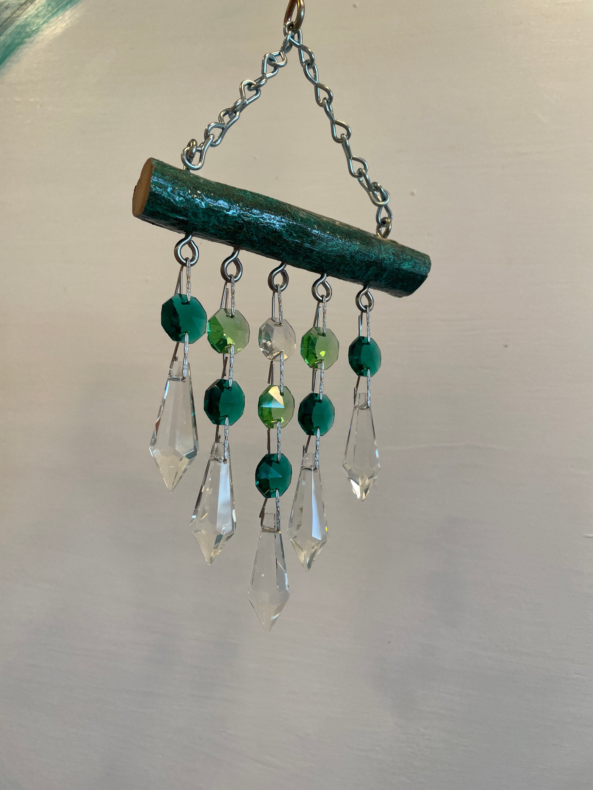 green glistening epoxy driftwood sun-catcher chandelier crystals