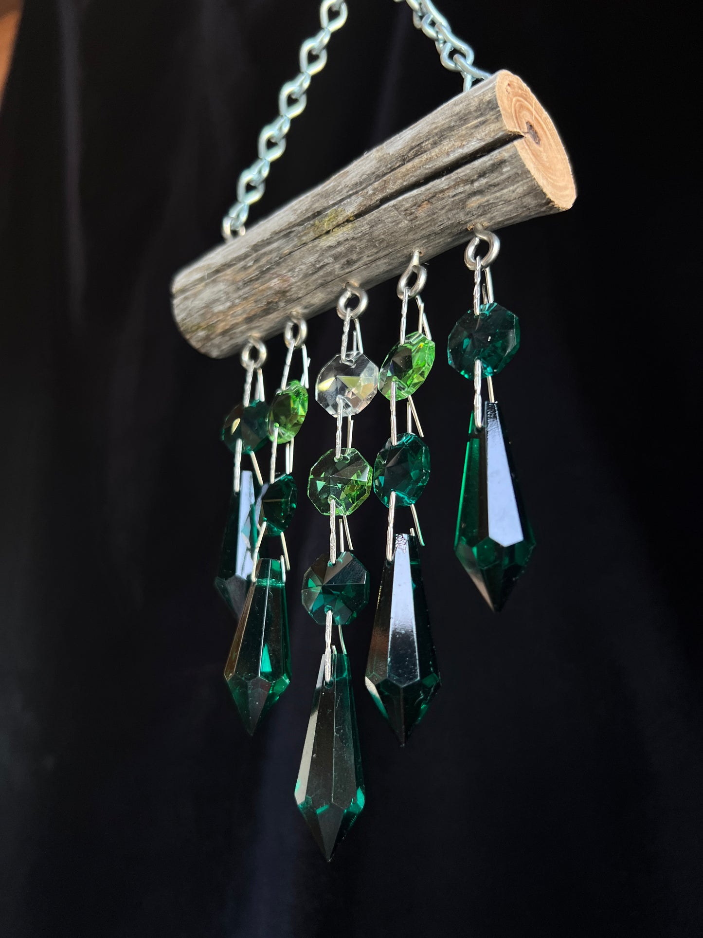 Natural Driftwood & Crystal Sun Catcher Micro 5 Strand Green