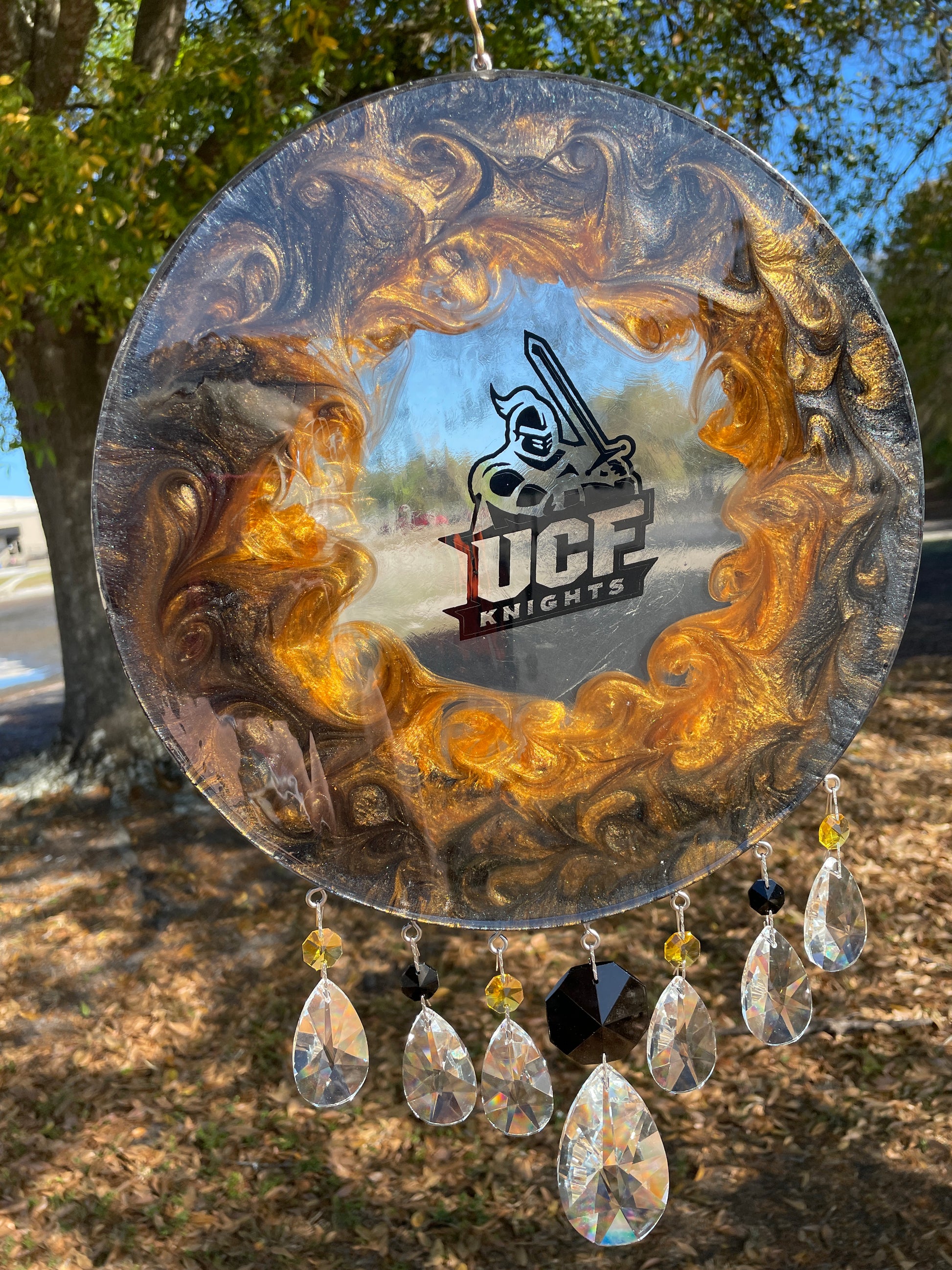 UCF University of Central Florida college epoxy resin disk chandelier crystals black and yellow