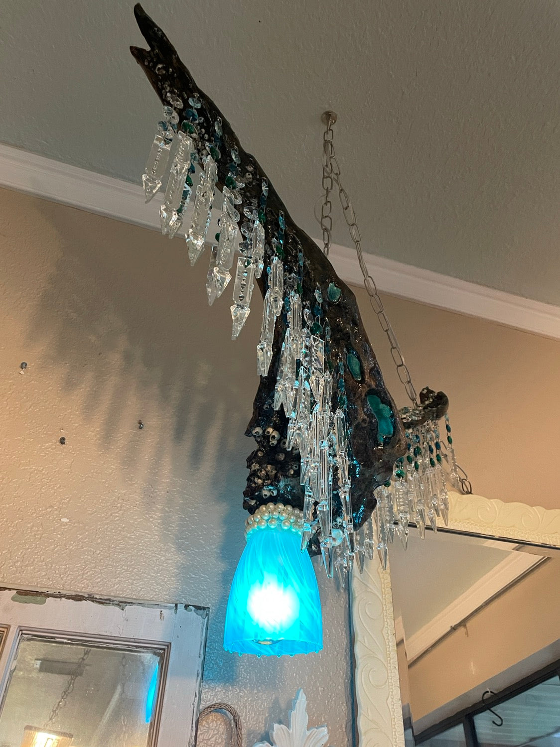 epoxy resin driftwood light fixture chandelier crystals